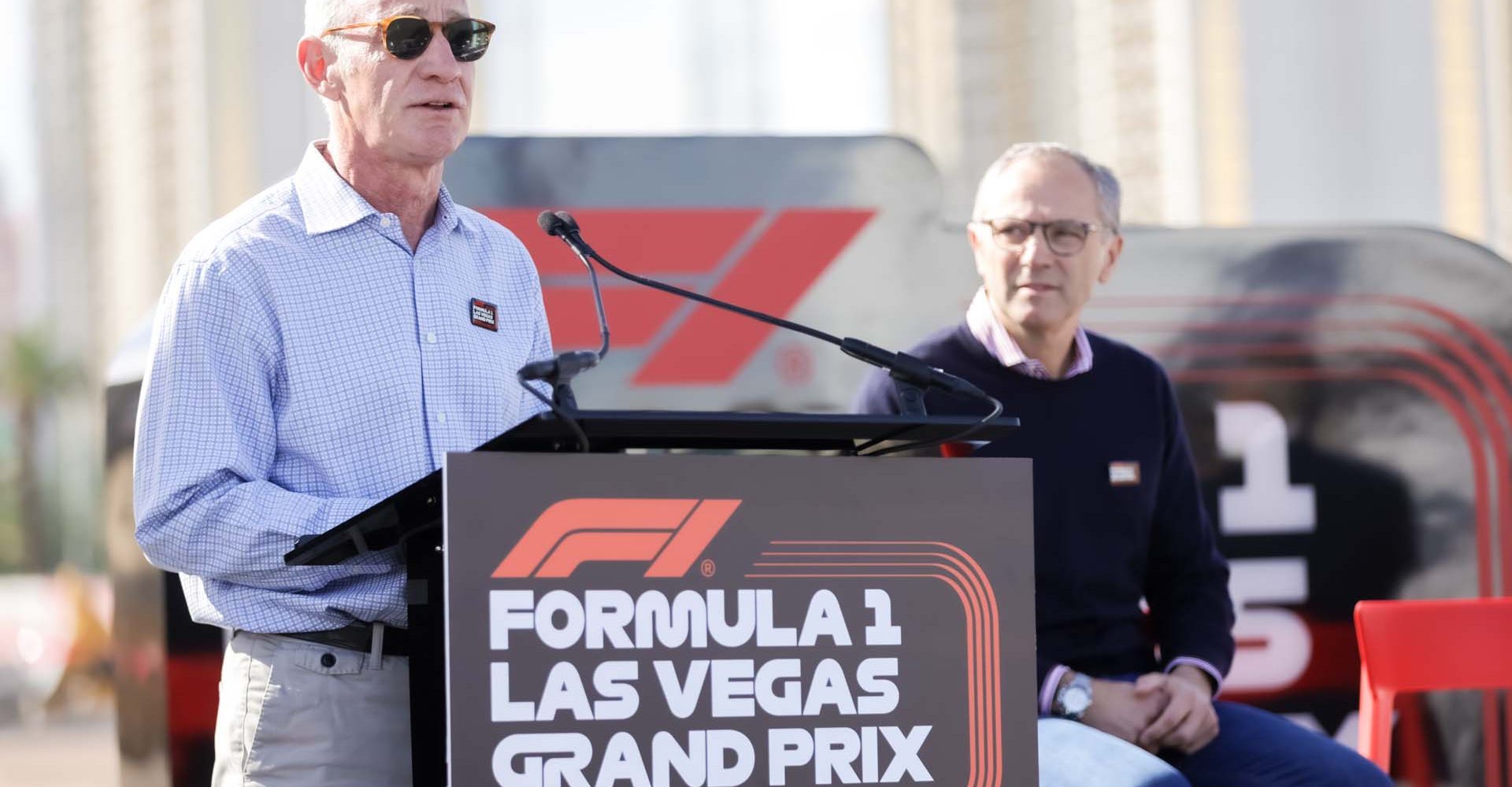 LAS VEGAS, NEVADA - NOVEMBER 05: Greg Maffei, Liberty Media President and CEO speaks to an audience at the start line ceremony during the Formula 1 Las Vegas Grand Prix 2023 launch party on November 05, 2022 on the Las Vegas Strip in Las Vegas, Nevada. (Photo by Greg Doherty - Formula 1/Formula 1 via Getty Images)