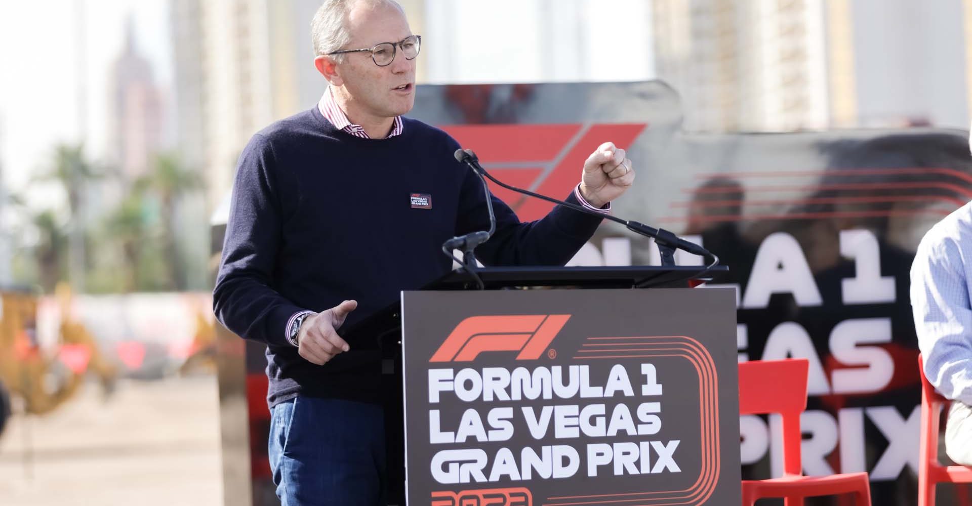 LAS VEGAS, NEVADA - NOVEMBER 05: Stefano Domenicali, President and CEO of Formula 1 speaks to an audience at the start line ceremony during the Formula 1 Las Vegas Grand Prix 2023 launch party on November 05, 2022 on the Las Vegas Strip in Las Vegas, Nevada. (Photo by Greg Doherty - Formula 1/Formula 1 via Getty Images)