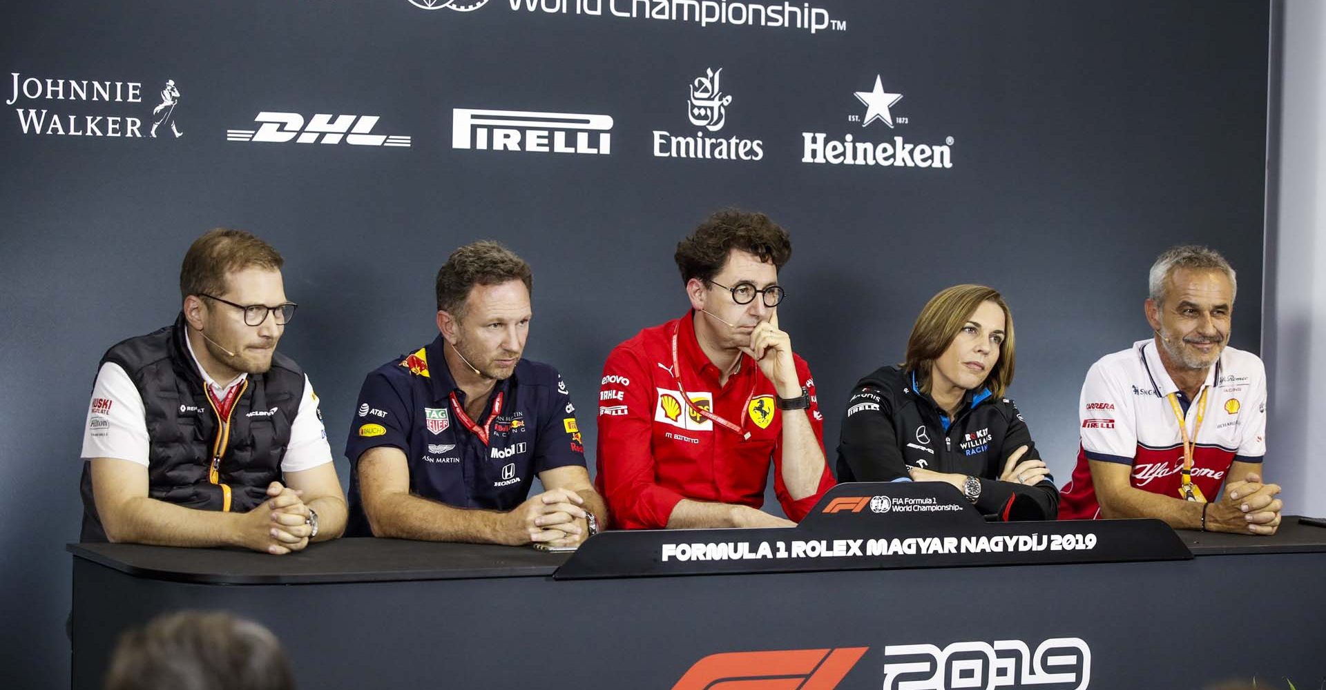 Press conference: SEIDL Andreas, Team Principal of McLaren Racing, HORNER Christian  (gbr), Team Principal of Aston Martin Red Bull Racing, BINOTTO Mattia (ita), Team Principal & Technical Director of the Scuderia Ferrari, WILLIAMS Claire (gbr), Deputy Team Principal of Williams F1 Racing, ZEHNDER Beat, Team Manager of Alfa Romeo Racing, portrait during the 2019 Formula One World Championship, Grand Prix of Hungary from august 1 to 4, Hungaroring, Budapest - Photo Florent Gooden / DPPI