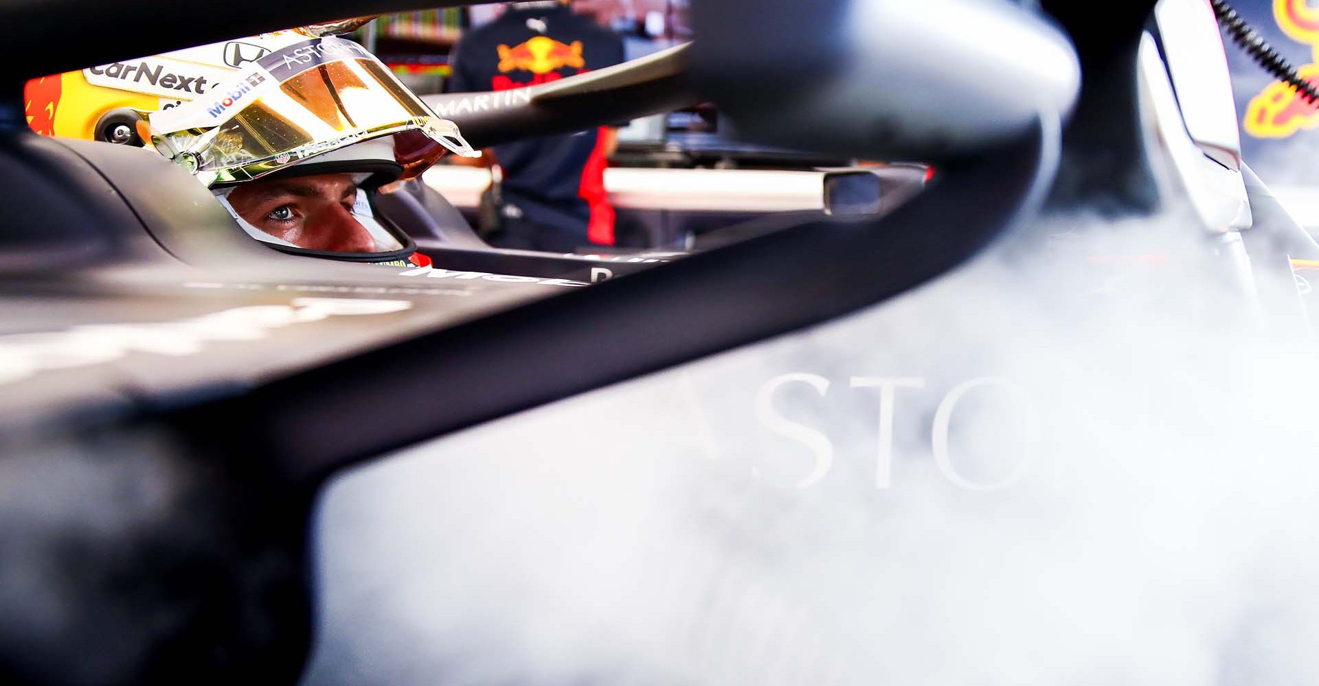 NORTHAMPTON, ENGLAND - AUGUST 08: Max Verstappen of Netherlands and Red Bull Racing prepares to drive in the garage during qualifying for the F1 70th Anniversary Grand Prix at Silverstone on August 08, 2020 in Northampton, England. (Photo by Mark Thompson/Getty Images)