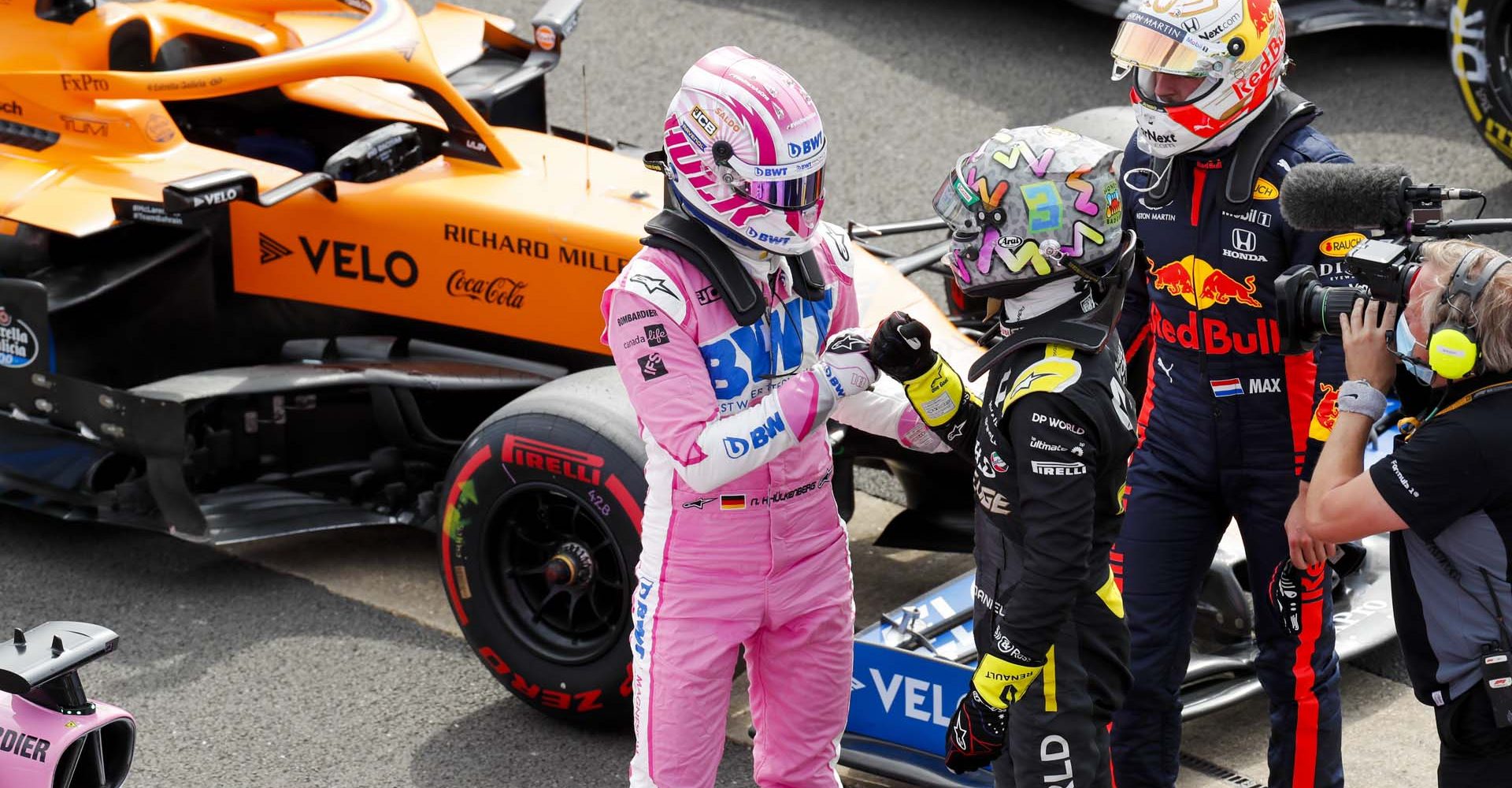 Nico Hülkenberg, Racing Point, Daniel Ricciardo, Renault F1 and Max Verstappen, Red Bull Racing in Parc Ferme