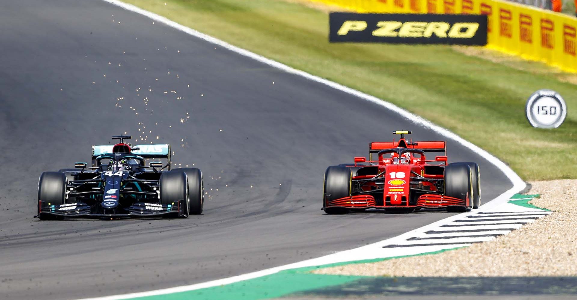 2020 70th Anniversary Grand Prix, Sunday - LAT Images Lewis Hamilton Mercedes Charles Leclerc Ferrari overtake