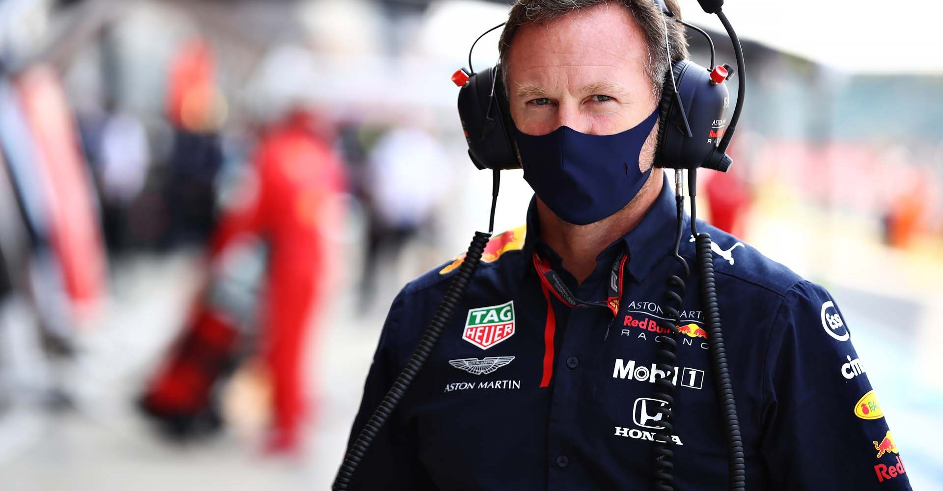 NORTHAMPTON, ENGLAND - AUGUST 09: Red Bull Racing Team Principal Christian Horner looks on in the Pitlane before the F1 70th Anniversary Grand Prix at Silverstone on August 09, 2020 in Northampton, England. (Photo by Mark Thompson/Getty Images)