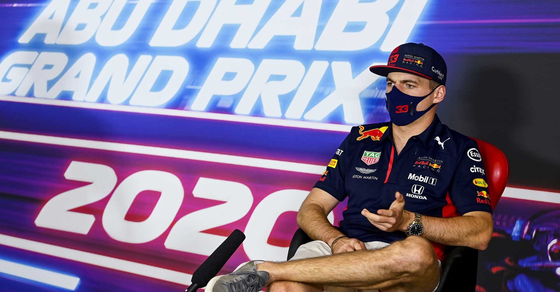 ABU DHABI, UNITED ARAB EMIRATES - DECEMBER 10: Max Verstappen of Netherlands and Red Bull Racing talks in the Drivers Press Conference during previews ahead of the F1 Grand Prix of Abu Dhabi at Yas Marina Circuit on December 10, 2020 in Abu Dhabi, United Arab Emirates. (Photo by Mark Sutton - Pool/Getty Images)