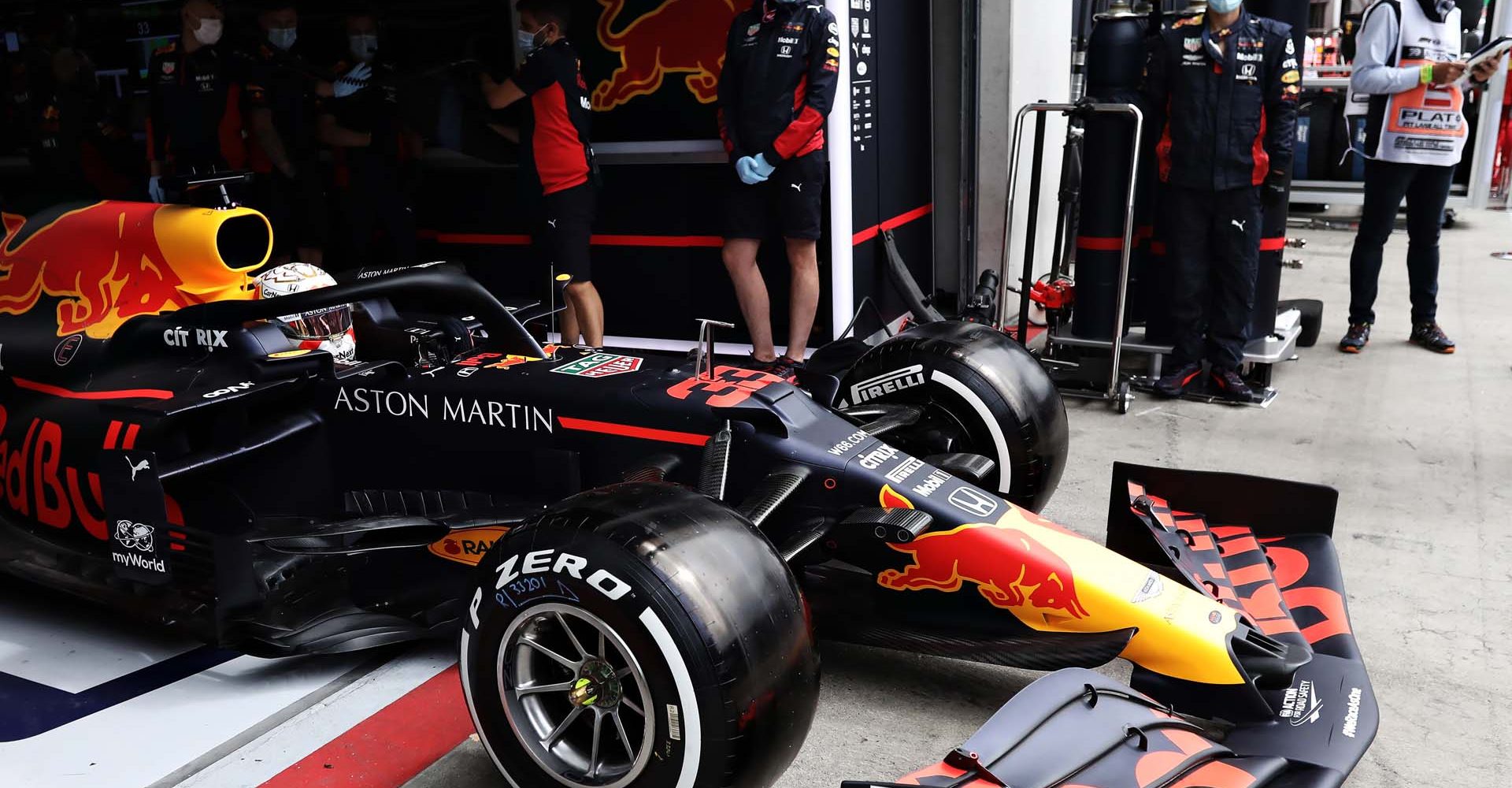 SPIELBERG, AUSTRIA - JULY 03: Max Verstappen of the Netherlands driving the (33) Aston Martin Red Bull Racing RB16 leaves the garage during practice for the F1 Grand Prix of Austria at Red Bull Ring on July 03, 2020 in Spielberg, Austria. (Photo by Getty Images/Getty Images) // Getty Images / Red Bull Content Pool  // AP-24GZB86MD2111 // Usage for editorial use only //