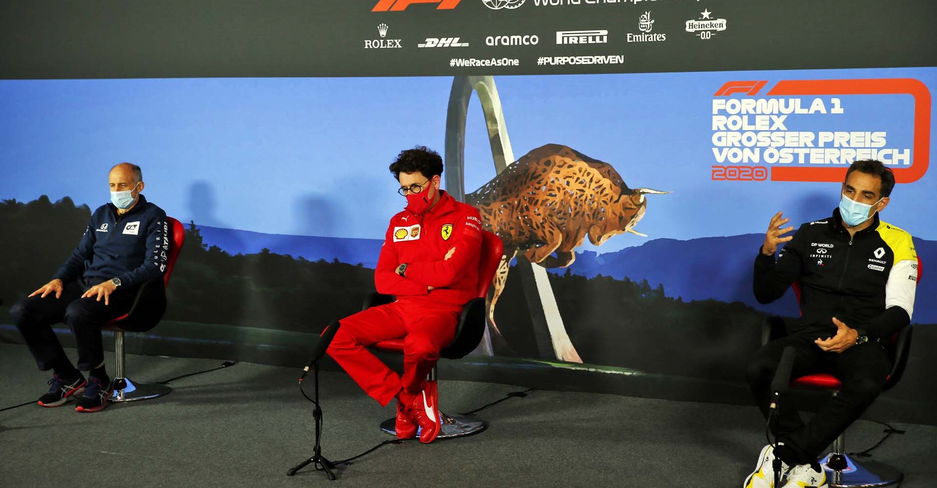 The FIA Press Conference (L to R): Franz Tost (AUT) AlphaTauri Team Principal; Mattia Binotto (ITA) Ferrari Team Principal; Cyril Abiteboul (FRA) Renault Sport F1 Managing Director.
Austrian Grand Prix, Friday 3rd July 2020. Spielberg, Austria.