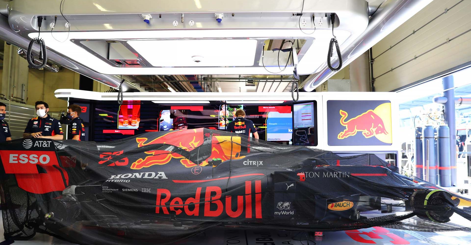 SPIELBERG, AUSTRIA - JULY 05: The car of Max Verstappen of Netherlands and Red Bull Racing is seen in the garage before the Formula One Grand Prix of Austria at Red Bull Ring on July 05, 2020 in Spielberg, Austria. (Photo by Getty Images/Getty Images) // Getty Images / Red Bull Content Pool  // AP-24HRKFWRD2111 // Usage for editorial use only //