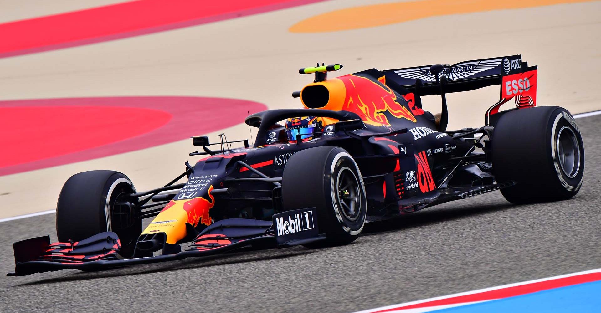 BAHRAIN, BAHRAIN - NOVEMBER 27: Alexander Albon of Thailand driving the (23) Aston Martin Red Bull Racing RB16 during practice ahead of the F1 Grand Prix of Bahrain at Bahrain International Circuit on November 27, 2020 in Bahrain, Bahrain. (Photo by Giuseppe Cacace - Pool/Getty Images)