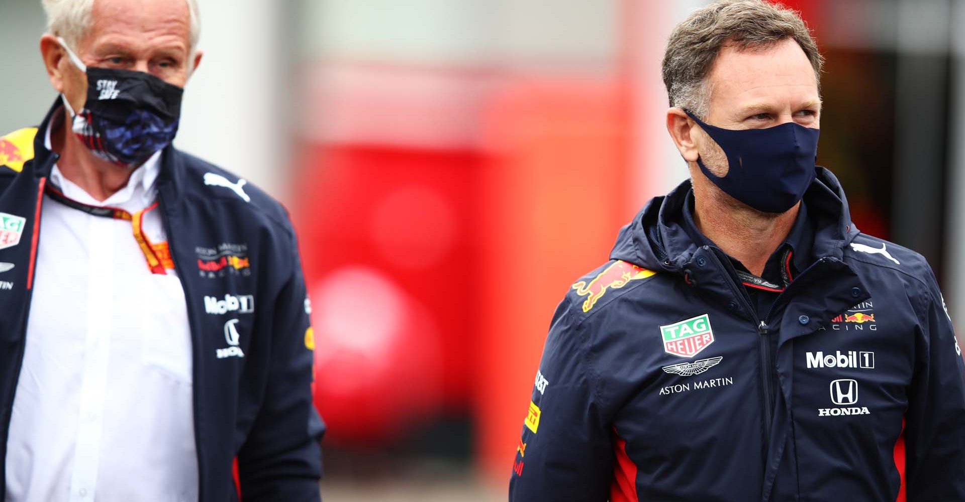 SPA, BELGIUM - AUGUST 28: Red Bull Racing Team Principal Christian Horner and Red Bull Racing Team Consultant Dr Helmut Marko arrive in the Paddock before practice for the F1 Grand Prix of Belgium at Circuit de Spa-Francorchamps on August 28, 2020 in Spa, Belgium. (Photo by Mark Thompson/Getty Images,)