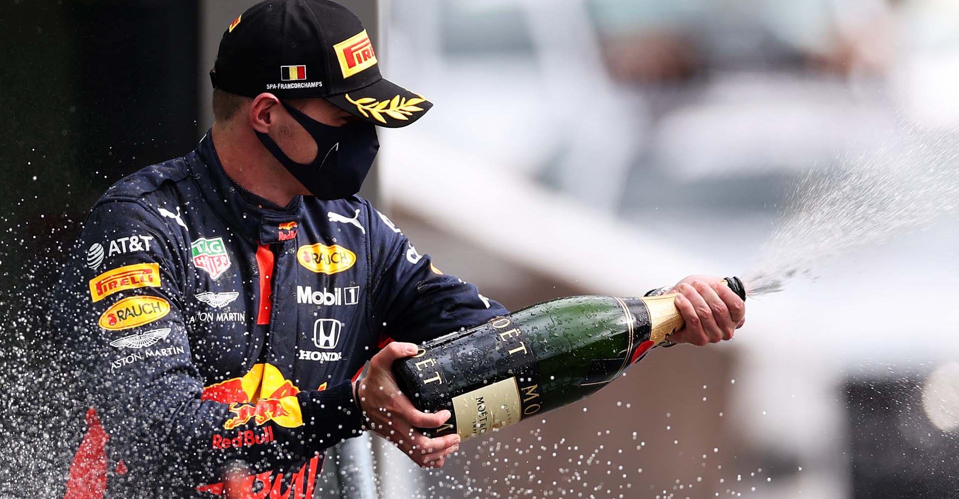 SPA, BELGIUM - AUGUST 30: Third placed Max Verstappen of Netherlands and Red Bull Racing celebrates on the podium during the F1 Grand Prix of Belgium at Circuit de Spa-Francorchamps on August 30, 2020 in Spa, Belgium. (Photo by Lars Baron/Getty Images)