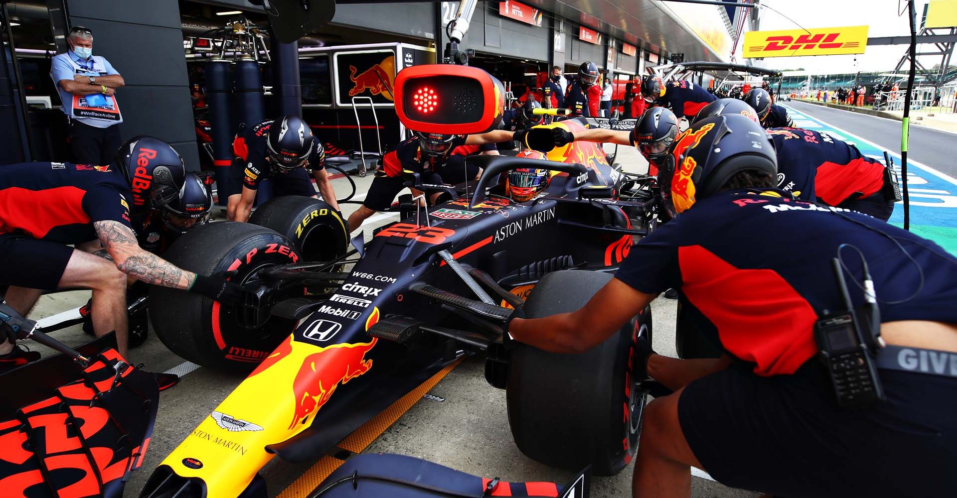 NORTHAMPTON, ENGLAND - AUGUST 01: Alexander Albon of Thailand driving the (23) Aston Martin Red Bull Racing RB16 stops in the Pitlane during final practice for the F1 Grand Prix of Great Britain at Silverstone on August 01, 2020 in Northampton, England. (Photo by Mark Thompson/Getty Images)