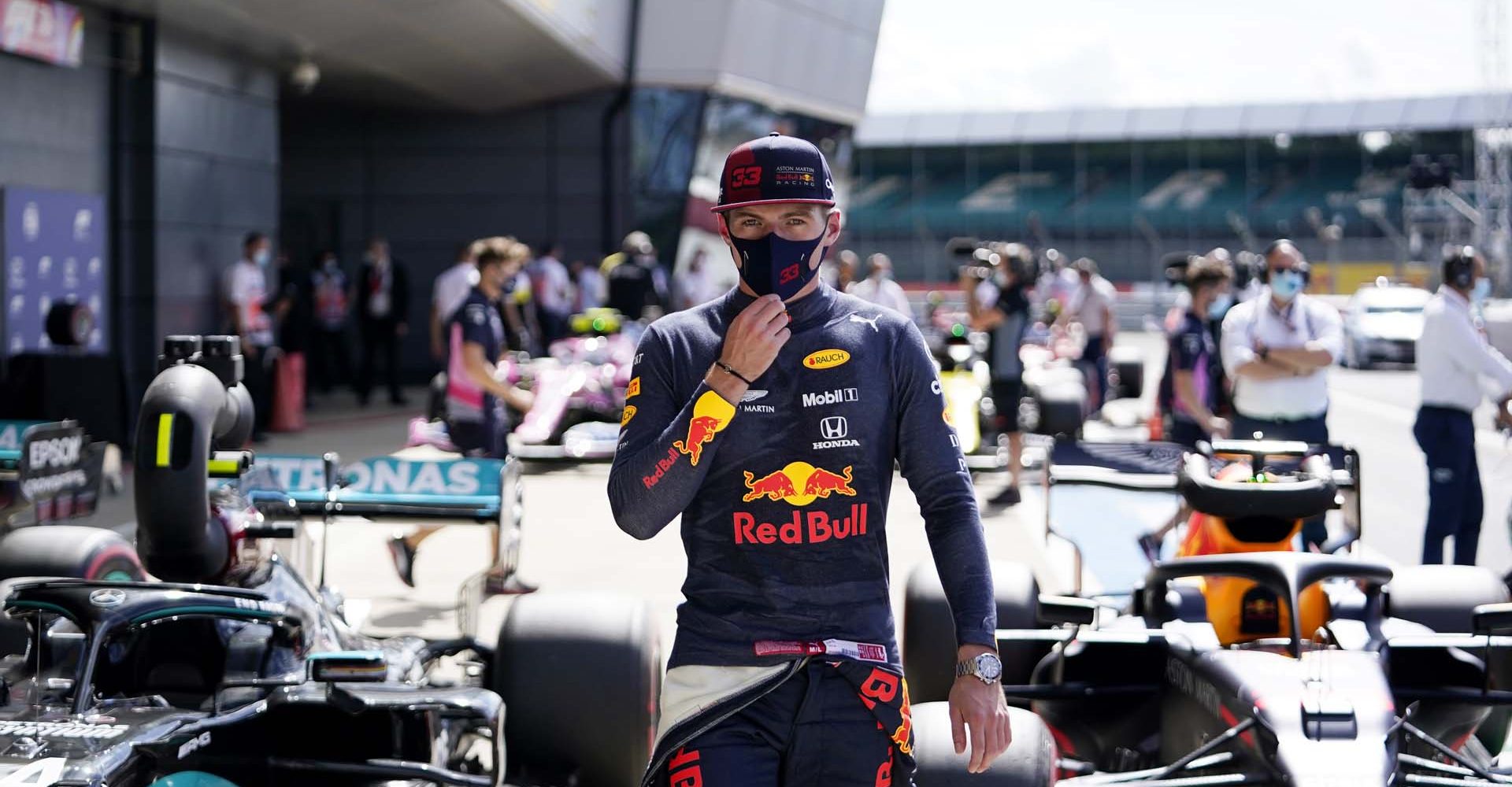 NORTHAMPTON, ENGLAND - AUGUST 01: Third place qualifier Max Verstappen of Netherlands and Red Bull Racing looks on in parc ferme during qualifying for the F1 Grand Prix of Great Britain at Silverstone on August 01, 2020 in Northampton, England. (Photo by Will Oliver/Pool via Getty Images)