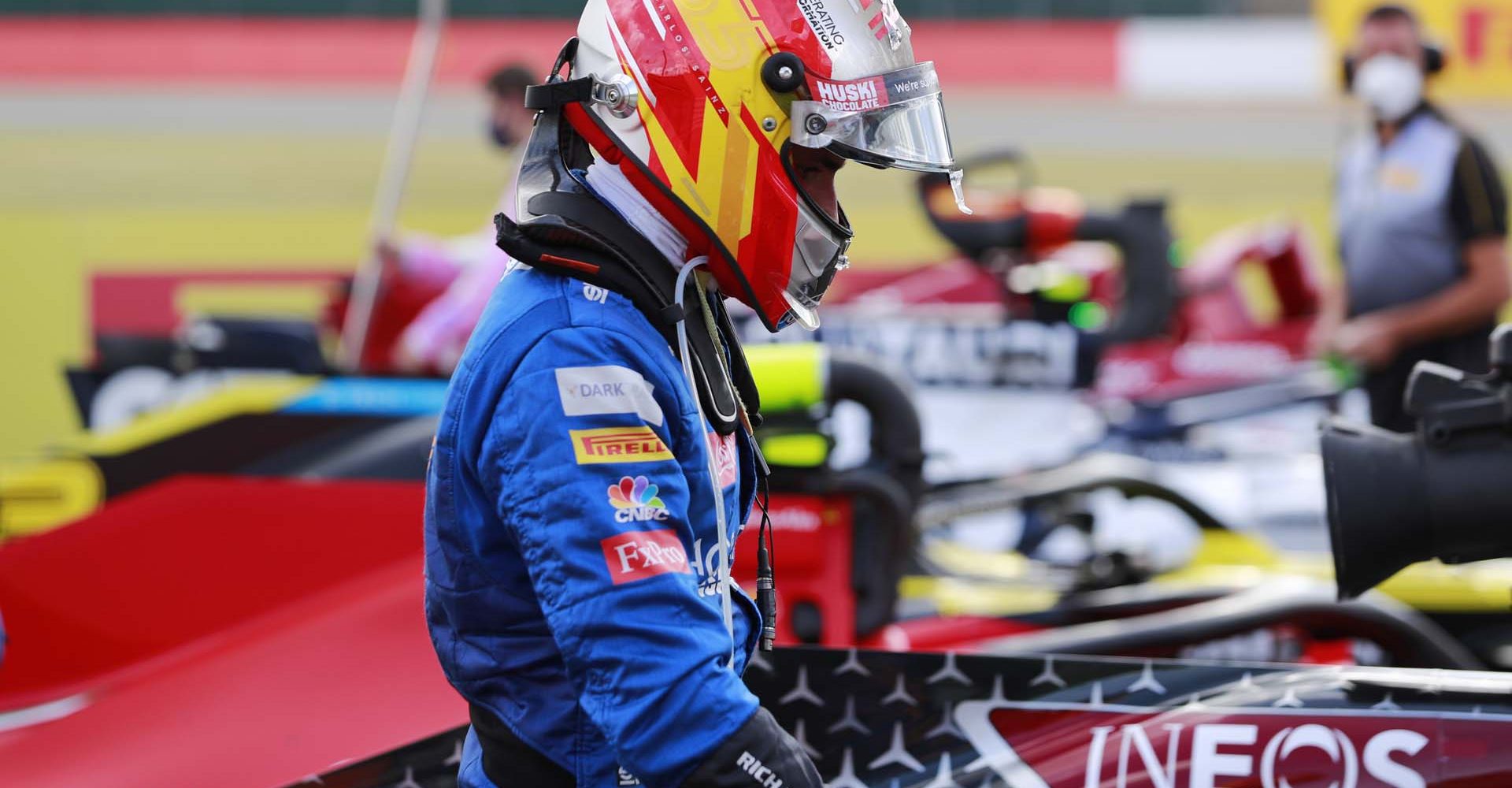 Carlos Sainz, McLaren, arrives in Parc Ferme