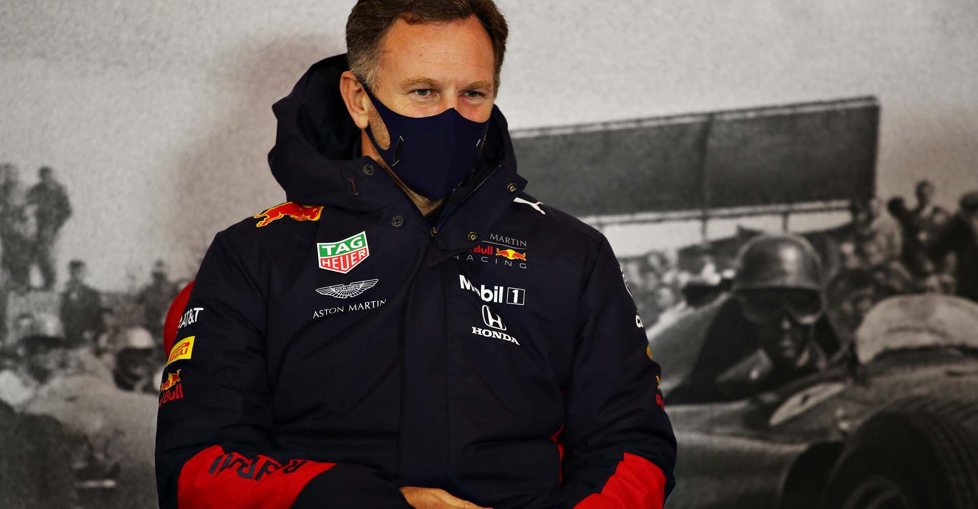 NUERBURG, GERMANY - OCTOBER 09: Red Bull Racing Team Principal Christian Horner talks in the Team Principals Press Conference during practice ahead of the F1 Eifel Grand Prix at Nuerburgring on October 09, 2020 in Nuerburg, Germany. (Photo by Joe Portlock/Getty Images)