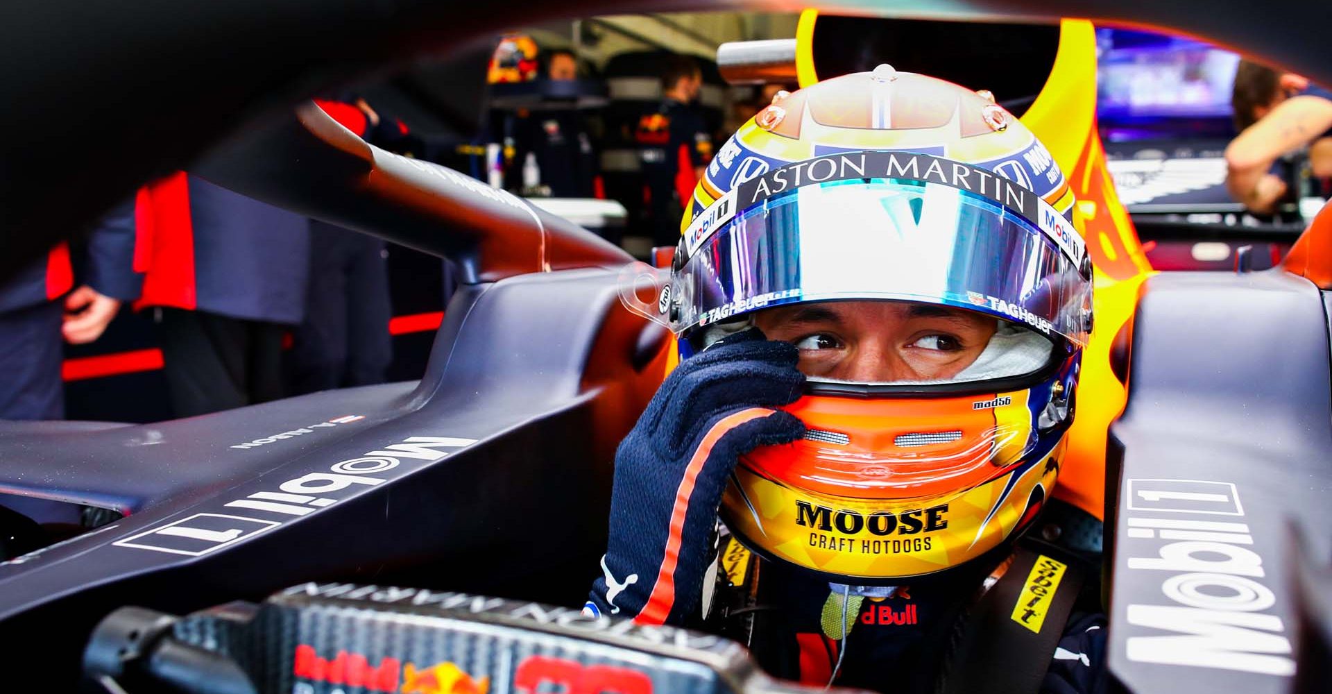 NUERBURG, GERMANY - OCTOBER 10: Alexander Albon of Thailand and Red Bull Racing prepares to drive in the garage before final practice ahead of the F1 Eifel Grand Prix at Nuerburgring on October 10, 2020 in Nuerburg, Germany. (Photo by Mark Thompson/Getty Images)