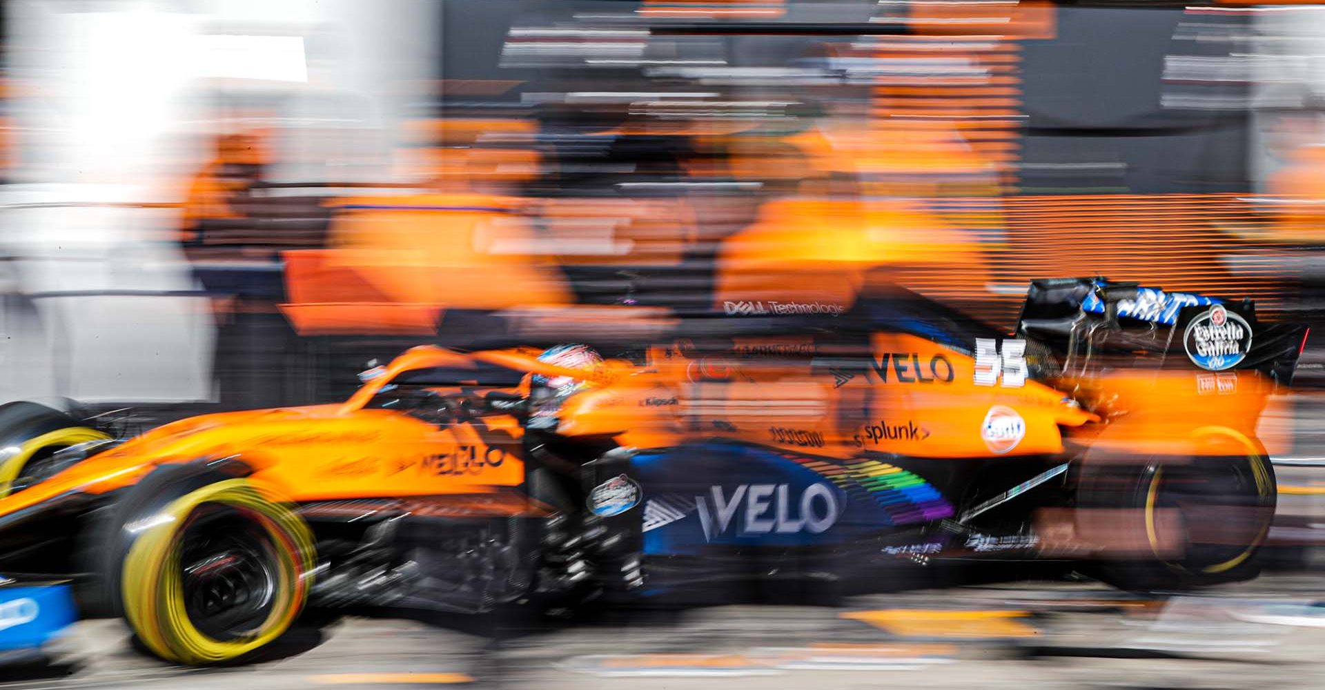 Carlos Sainz, McLaren MCL35, in the pit lane