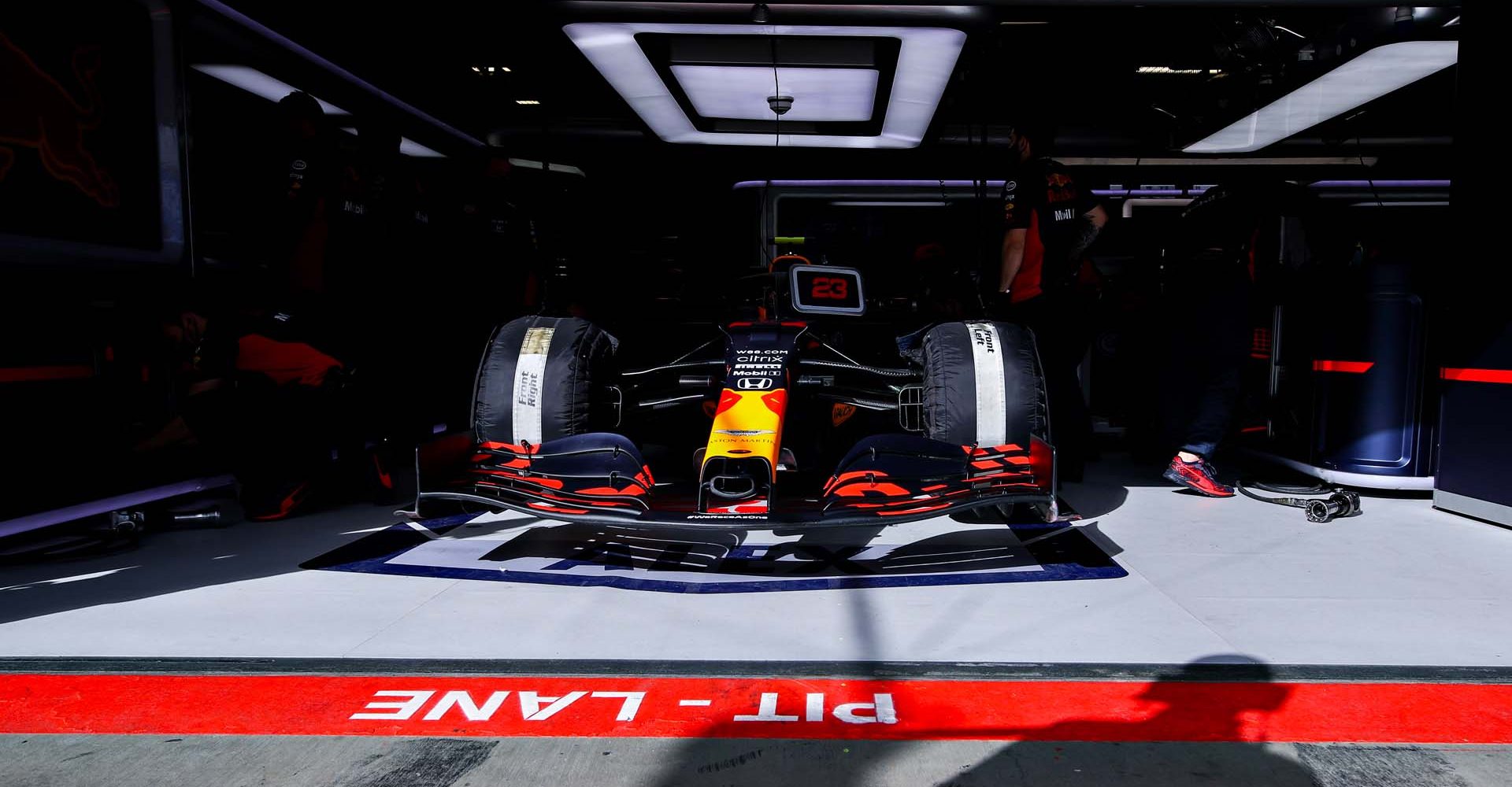 NUERBURG, GERMANY - OCTOBER 10: Alexander Albon of Thailand and Red Bull Racing prepares to drive in the garage during final practice ahead of the F1 Eifel Grand Prix at Nuerburgring on October 10, 2020 in Nuerburg, Germany. (Photo by Mark Thompson/Getty Images)