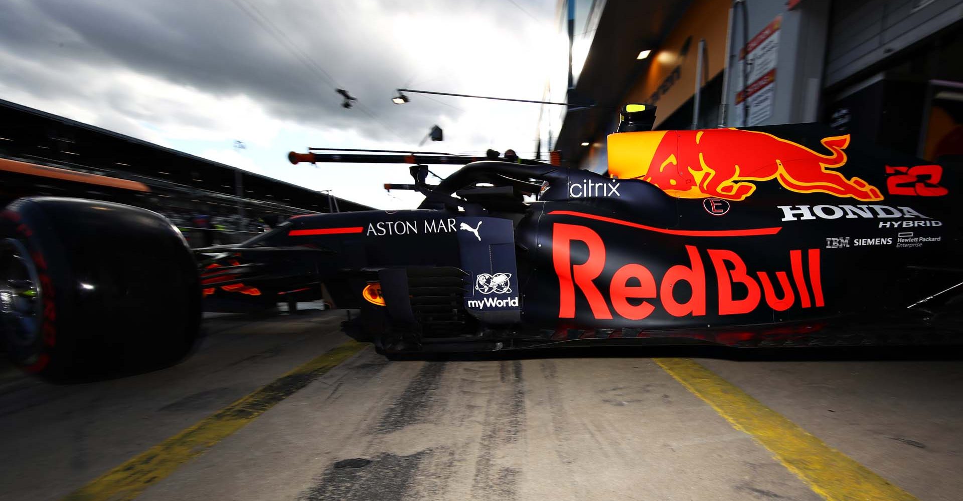 NUERBURG, GERMANY - OCTOBER 10: Alexander Albon of Thailand driving the (23) Aston Martin Red Bull Racing RB16 leaves the garage during qualifying ahead of the F1 Eifel Grand Prix at Nuerburgring on October 10, 2020 in Nuerburg, Germany. (Photo by Mark Thompson/Getty Images)