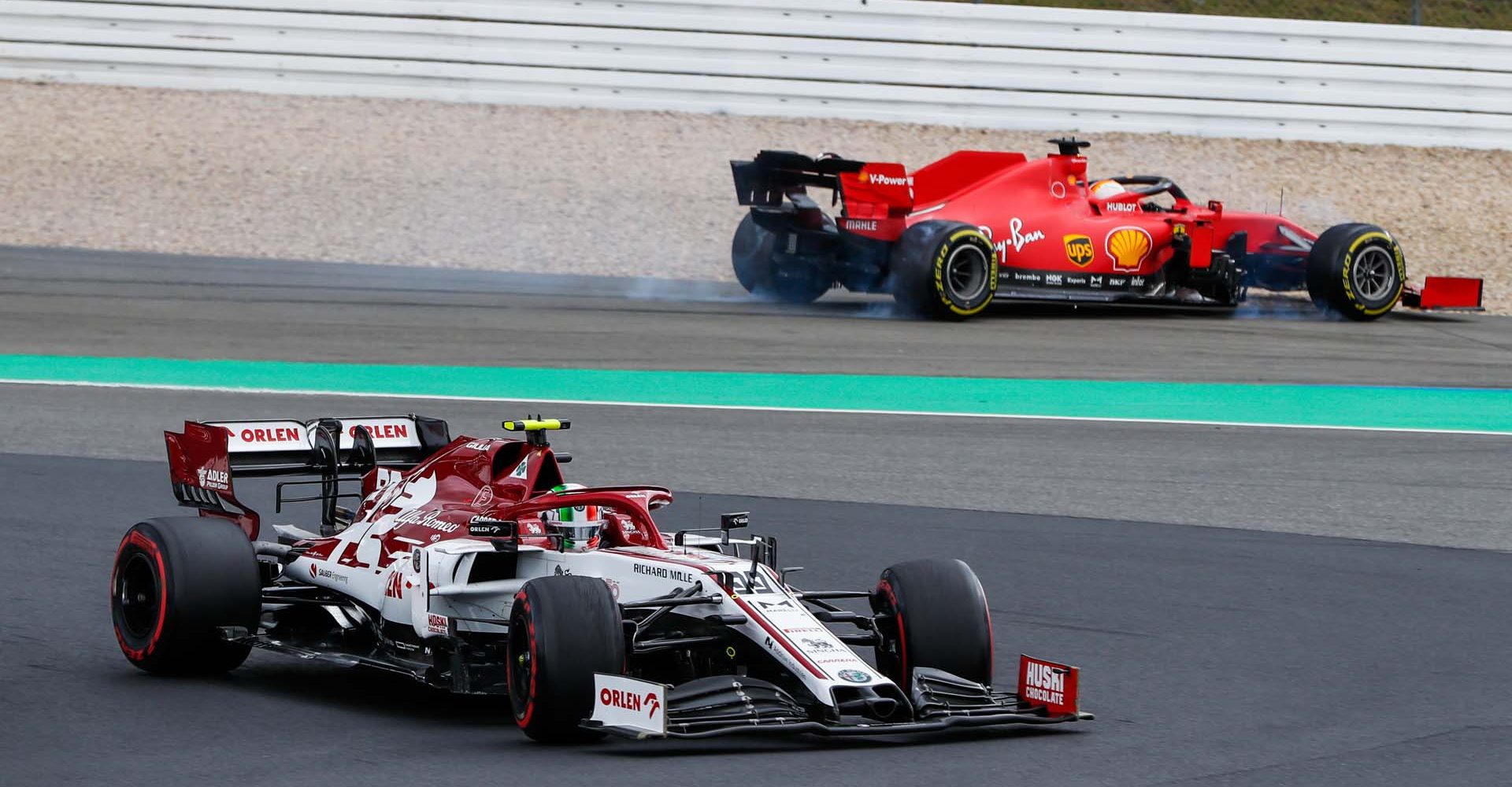 99 GIOVINAZZI Antonio (ita), Alfa Romeo Racing ORLEN C39, action during the Formula 1 Aramco Grosser Preis Der Eifel 2020, Eifel Grand Prix, from October 9 to 11, 2020 on the Nürburgring, in Nürburg, Germany - Photo Antonin Vincent / DPPI Sebastian Vettel spin