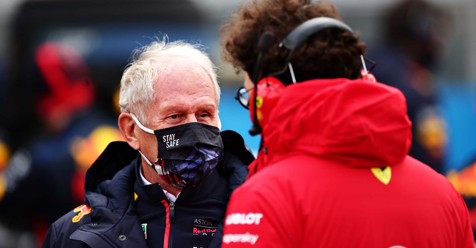 NUERBURG, GERMANY - OCTOBER 11: Red Bull Racing Team Consultant Dr Helmut Marko and Scuderia Ferrari Team Principal Mattia Binotto talk on the grid before the F1 Eifel Grand Prix at Nuerburgring on October 11, 2020 in Nuerburg, Germany. (Photo by Peter Fox/Getty Images)