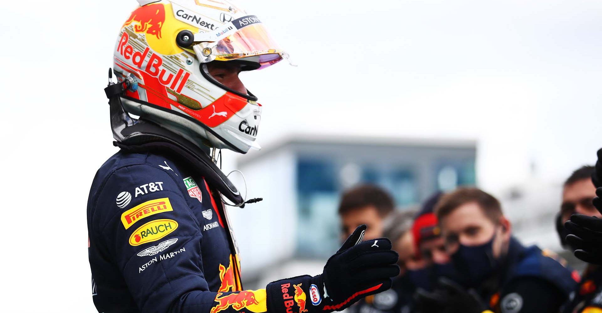 NUERBURG, GERMANY - OCTOBER 11: Second placed Max Verstappen of Netherlands and Red Bull Racing celebrates with team members in parc ferme during the F1 Eifel Grand Prix at Nuerburgring on October 11, 2020 in Nuerburg, Germany. (Photo by Bryn Lennon/Getty Images)