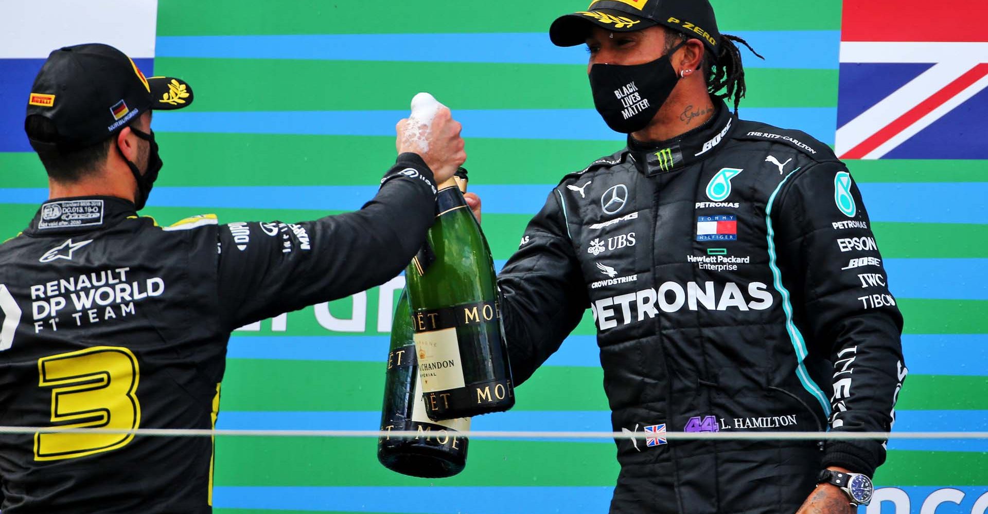 (L to R): Daniel Ricciardo (AUS) Renault F1 Team celebrates his third position on the podium with race winner Lewis Hamilton (GBR) Mercedes AMG F1.
Eifel Grand Prix, Sunday 11th October 2020. Nurbugring, Germany.