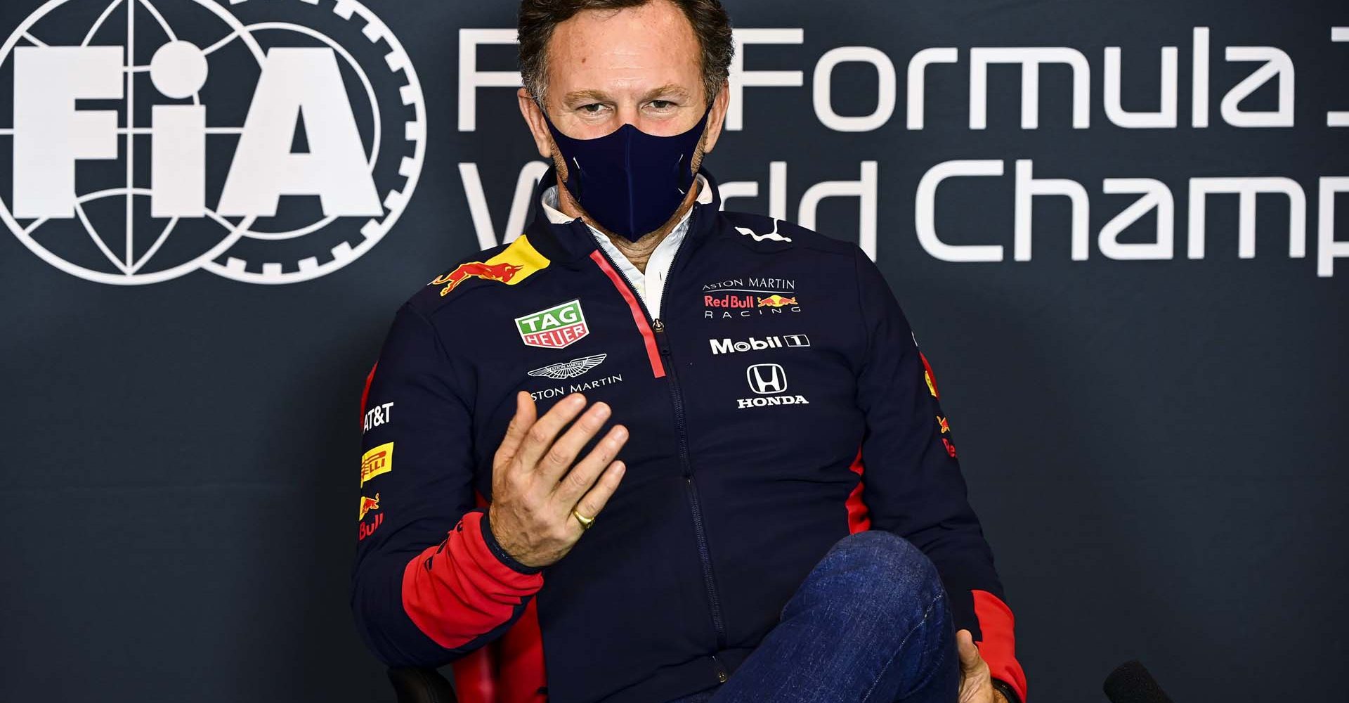 IMOLA, ITALY - OCTOBER 30: Red Bull Racing Team Principal Christian Horner talks in the Drivers Press Conference during previews ahead of the F1 Grand Prix of Emilia Romagna at Autodromo Enzo e Dino Ferrari on October 30, 2020 in Imola, Italy. (Photo by Mark Sutton - Pool/Getty Images)