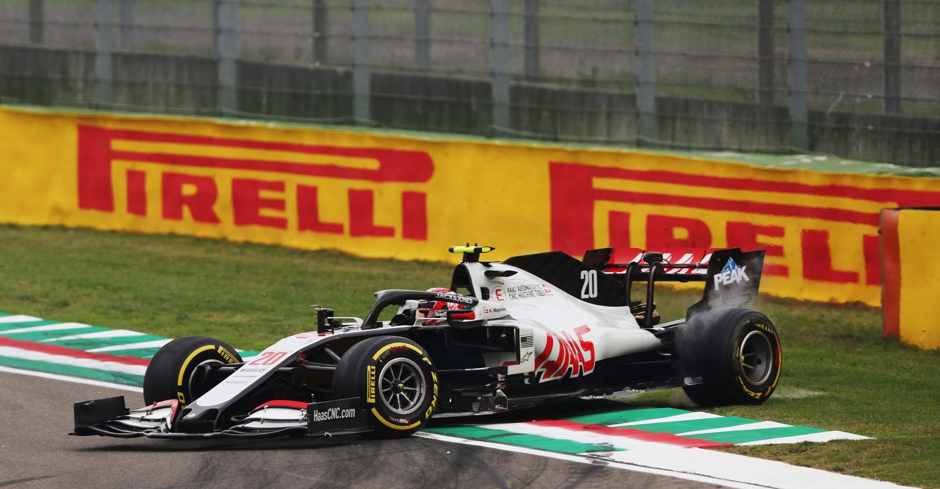 IMOLA, ITALY - NOVEMBER 01: Kevin Magnussen, Haas VF-20, spins on the way to the grid during the Emilia-Romagna GP at Imola on Sunday November 01, 2020, Italy. (Photo by Charles Coates / LAT Images)