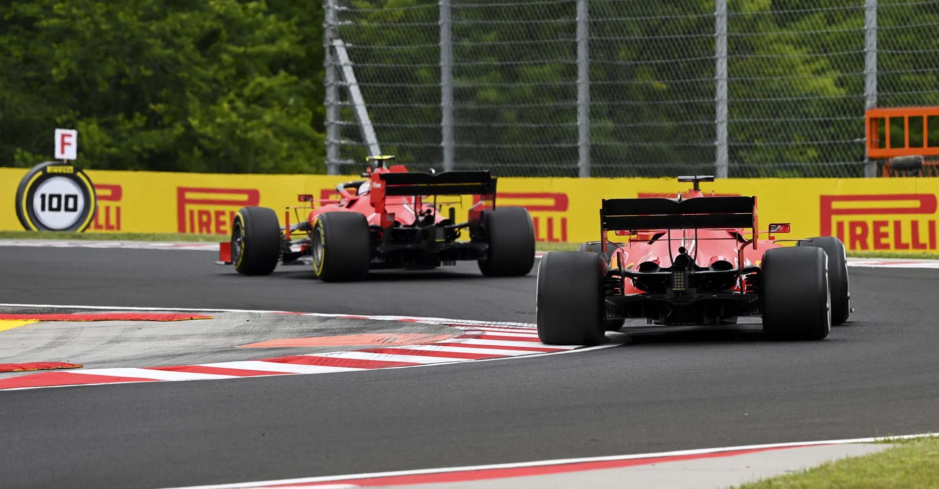 HUNGARORING, HUNGARY - JULY 17: Charles Leclerc, Ferrari SF1000, leads Sebastian Vettel, Ferrari SF1000 during the Hungarian GP at Hungaroring on Friday July 17, 2020 in Budapest, Hungary. (Photo by Mark Sutton / LAT Images)