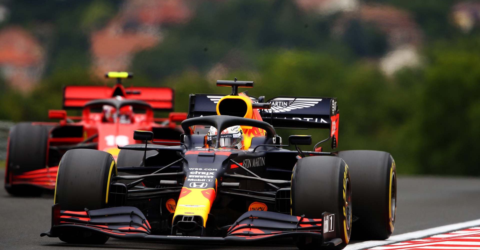 BUDAPEST, HUNGARY - JULY 18: Max Verstappen of the Netherlands driving the (33) Aston Martin Red Bull Racing RB16 on track during final practice for the F1 Grand Prix of Hungary at Hungaroring on July 18, 2020 in Budapest, Hungary. (Photo by Bryn Lennon/Getty Images) // Getty Images / Red Bull Content Pool  // AP-24NU2D2B52111 // Usage for editorial use only // Ferrari Charles Leclerc