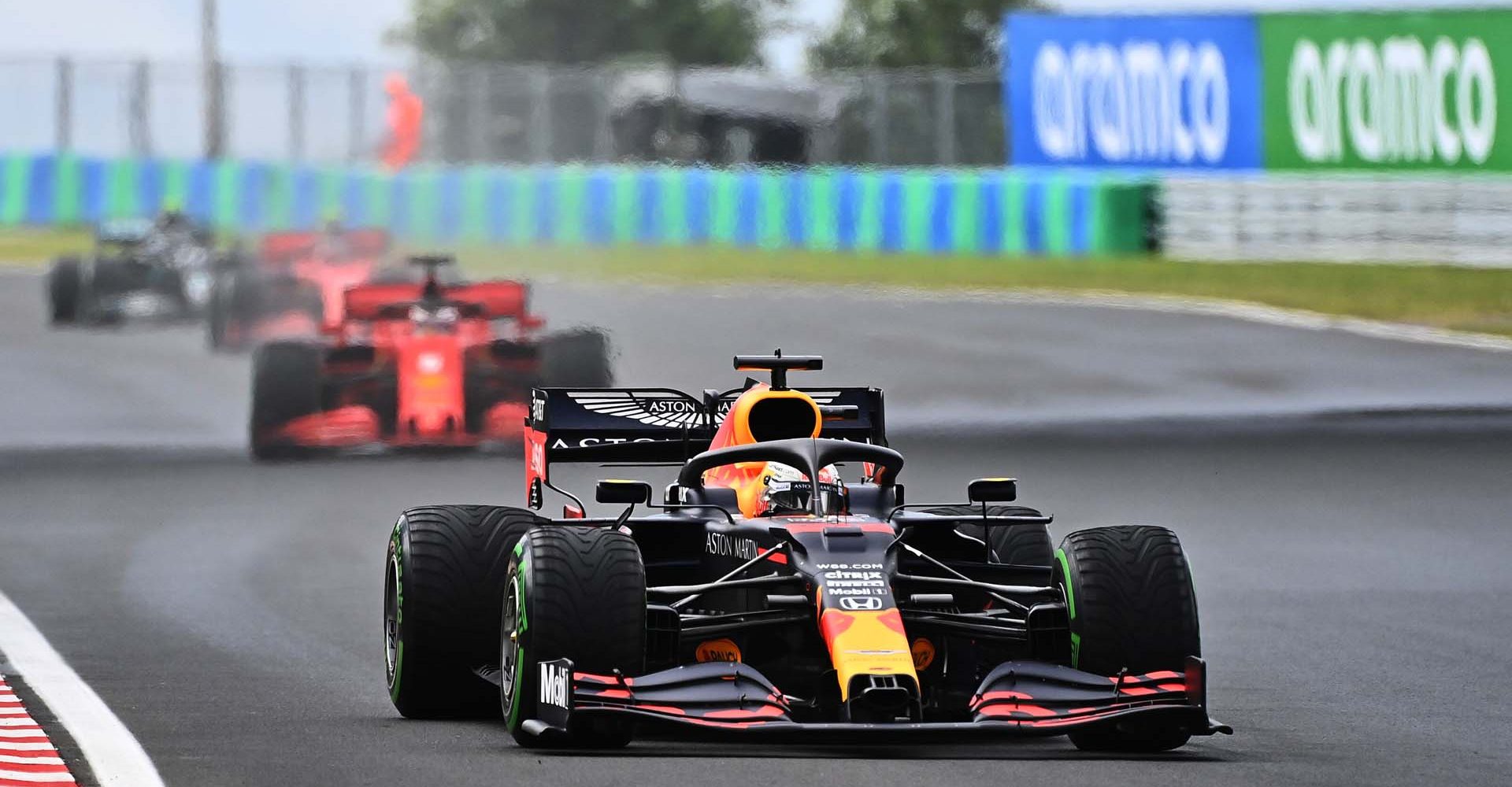 BUDAPEST, HUNGARY - JULY 19: Max Verstappen of the Netherlands driving the (33) Aston Martin Red Bull Racing RB16 on track during the Formula One Grand Prix of Hungary at Hungaroring on July 19, 2020 in Budapest, Hungary. (Photo by Joe Klamar/Pool via Getty Images) // Getty Images / Red Bull Content Pool  // AP-24P6FN1E52111 // Usage for editorial use only //