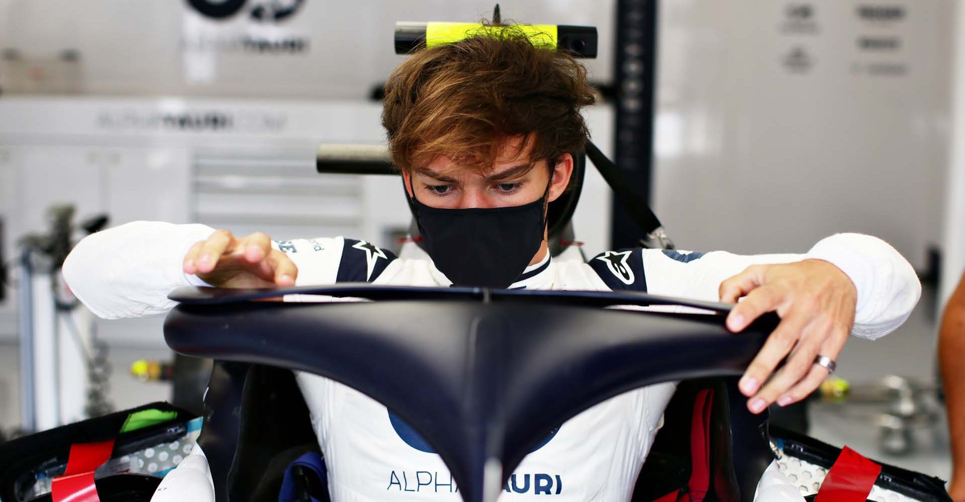 BUDAPEST, HUNGARY - JULY 16: Pierre Gasly of France and Scuderia AlphaTauri climbs into his car in the garage during previews for the F1 Grand Prix of Hungary at Hungaroring on July 16, 2020 in Budapest, Hungary. (Photo by Peter Fox/Getty Images) // Getty Images / Red Bull Content Pool  // AP-24N71FBPW1W11 // Usage for editorial use only //