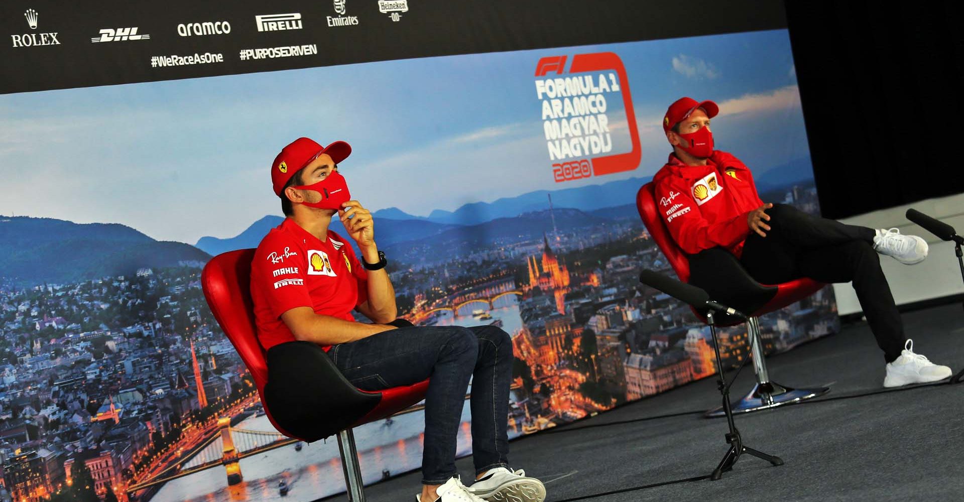 (L to R): Charles Leclerc (MON) Ferrari and team mate Sebastian Vettel (GER) Ferrari in the FIA Press Conference.
16.07.2020. Formula 1 World Championship, Rd 3, Hungarian Grand Prix, Budapest, Hungary, Preparation Day.
- www.xpbimages.com, EMail: requests@xpbimages.com © Copyright: FIA Pool For Editorial Use Only