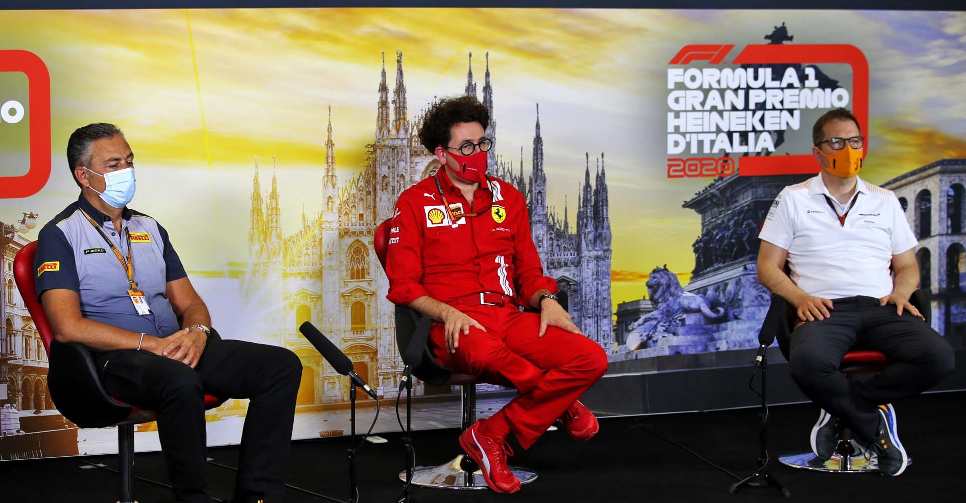 AUTODROMO NAZIONALE MONZA, ITALY - SEPTEMBER 04: Mario Isola, Racing Manager, Pirelli Motorsport, Mattia Binotto, Team Principal Ferrari and Andreas Seidl, Team Principal, McLaren in the press conference during the Italian GP at Autodromo Nazionale Monza on Friday September 04, 2020 in Monza, Italy. (Copyright Free for Editorial Use Only. Credit: FIA Pool / LAT Images)