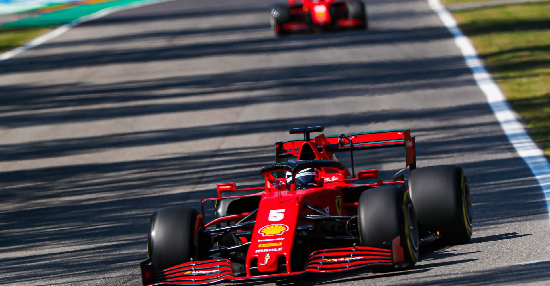 AUTODROMO NAZIONALE MONZA, ITALY - SEPTEMBER 04: Sebastian Vettel, Ferrari SF1000, leads Charles Leclerc, Ferrari SF1000 during the Italian GP at Autodromo Nazionale Monza on Friday September 04, 2020 in Monza, Italy. (Photo by Steven Tee / LAT Images)