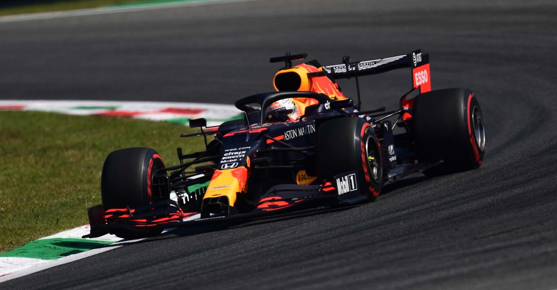 MONZA, ITALY - SEPTEMBER 04: Max Verstappen of the Netherlands driving the (33) Aston Martin Red Bull Racing RB16 on track during practice for the F1 Grand Prix of Italy at Autodromo di Monza on September 04, 2020 in Monza, Italy. (Photo by Miguel Medina/Pool via Getty Images)