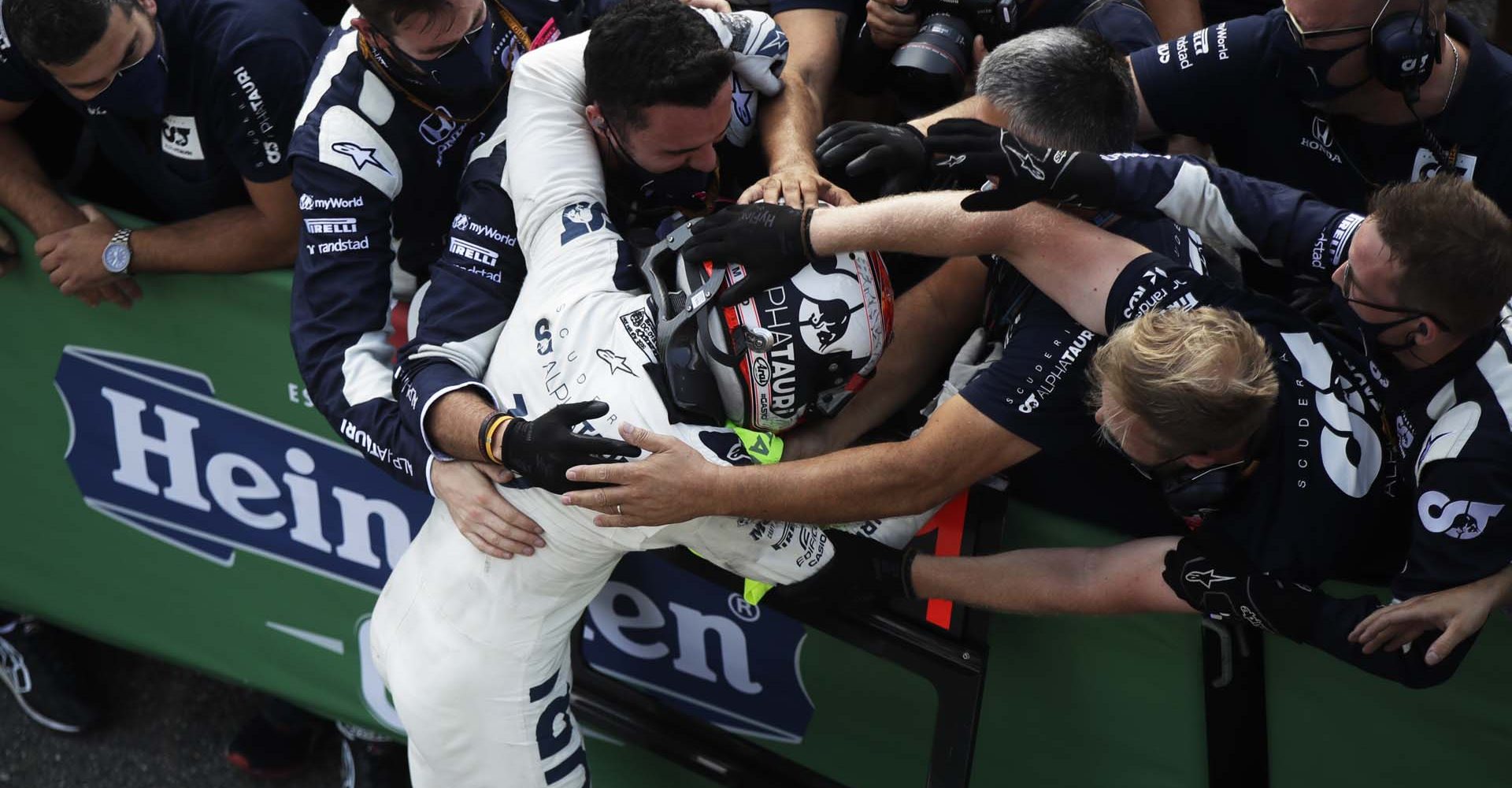 MONZA, ITALY - SEPTEMBER 06: Race winner Pierre Gasly of France and Scuderia AlphaTauri celebrates in parc ferme during the F1 Grand Prix of Italy at Autodromo di Monza on September 06, 2020 in Monza, Italy. (Photo by Luca Bruno - Pool/Getty Images)