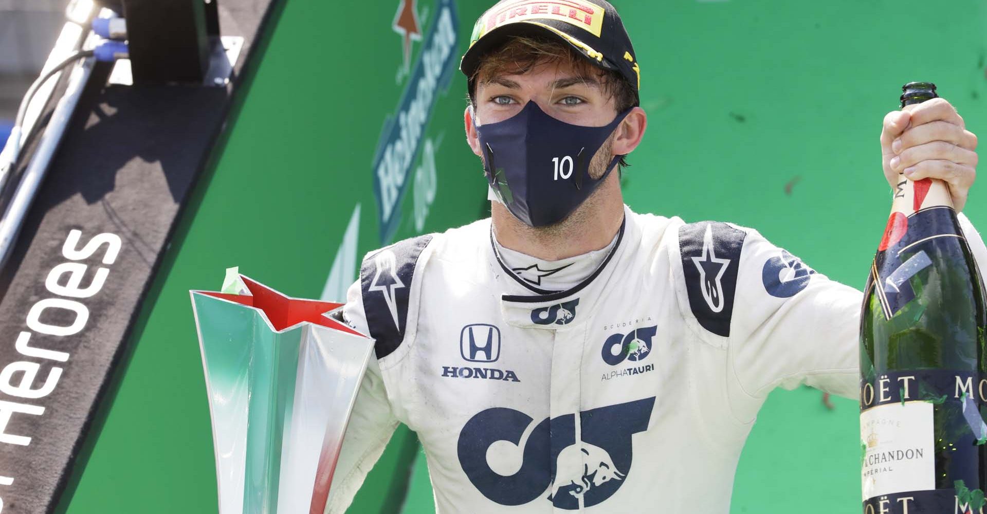 MONZA, ITALY - SEPTEMBER 06: Race winner Pierre Gasly of France and Scuderia AlphaTauri celebrates on the podium during the F1 Grand Prix of Italy at Autodromo di Monza on September 06, 2020 in Monza, Italy. (Photo by Luca Bruno - Pool/Getty Images)