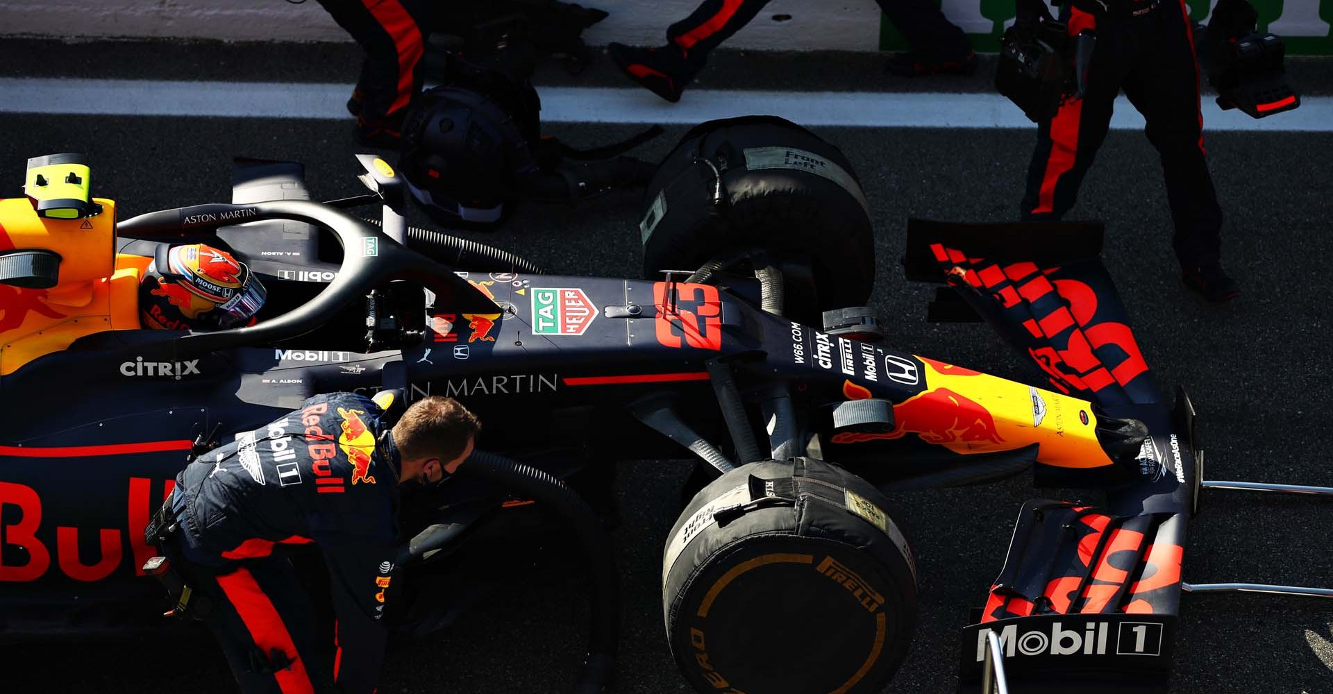 MONZA, ITALY - SEPTEMBER 06: Alexander Albon of Thailand driving the (23) Aston Martin Red Bull Racing RB16 in the Pitlane during the F1 Grand Prix of Italy at Autodromo di Monza on September 06, 2020 in Monza, Italy. (Photo by Mark Thompson/Getty Images)