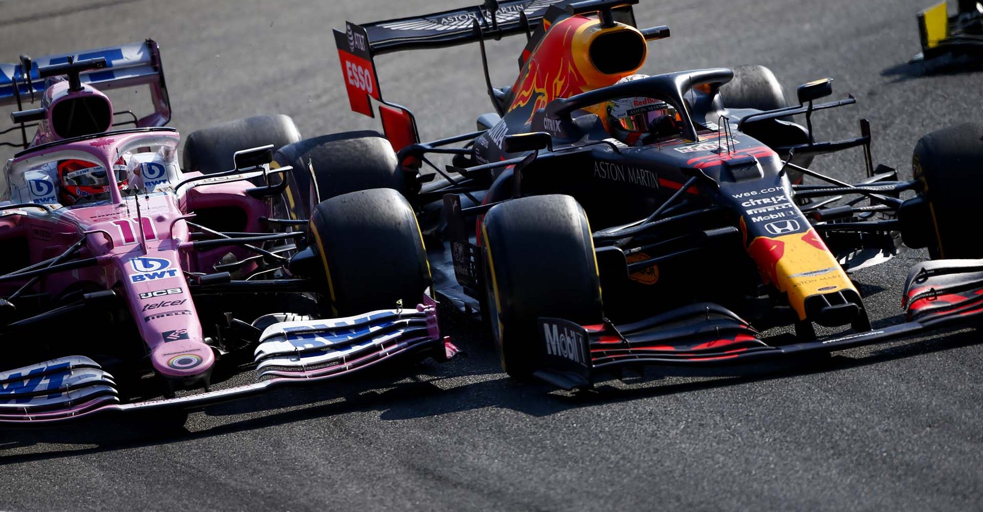 Max Verstappen, Red Bull Racing RB16, battles with Sergio Perez, Racing Point RP20