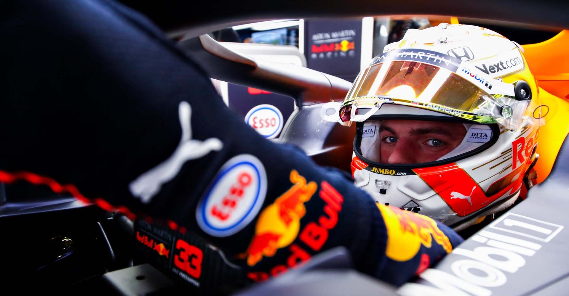 PORTIMAO, PORTUGAL - OCTOBER 23: Max Verstappen of Netherlands and Red Bull Racing prepares to drive in the garage during practice ahead of the F1 Grand Prix of Portugal at Autodromo Internacional do Algarve on October 23, 2020 in Portimao, Portugal. (Photo by Mark Thompson/Getty Images)