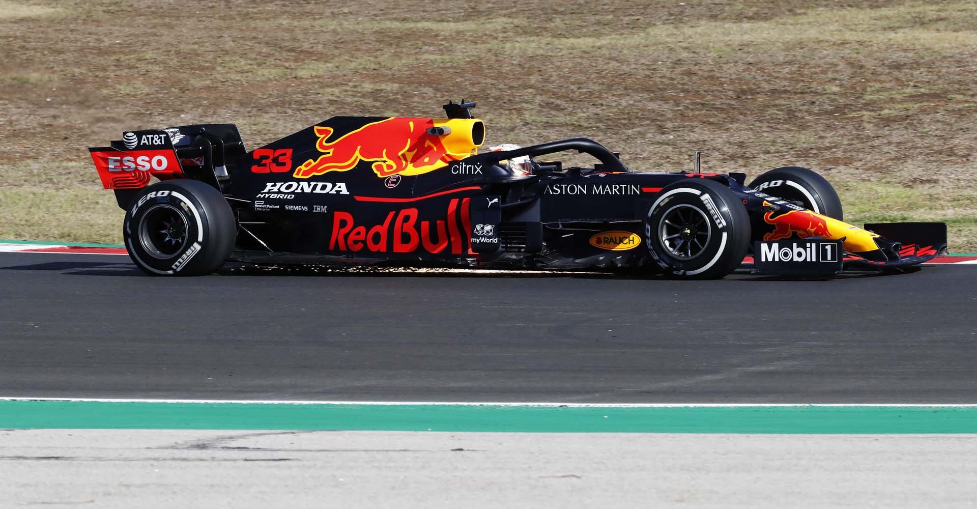 PORTIMAO, PORTUGAL - OCTOBER 23: Max Verstappen of the Netherlands driving the (33) Aston Martin Red Bull Racing RB16 on track during practice ahead of the F1 Grand Prix of Portugal at Autodromo Internacional do Algarve on October 23, 2020 in Portimao, Portugal. (Photo by Armando Franca - Pool/Getty Images)