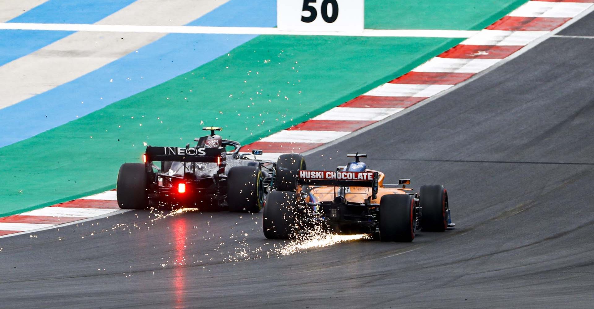 Valtteri Bottas, Mercedes F1 W11 EQ Performance, leads Carlos Sainz, McLaren MCL35