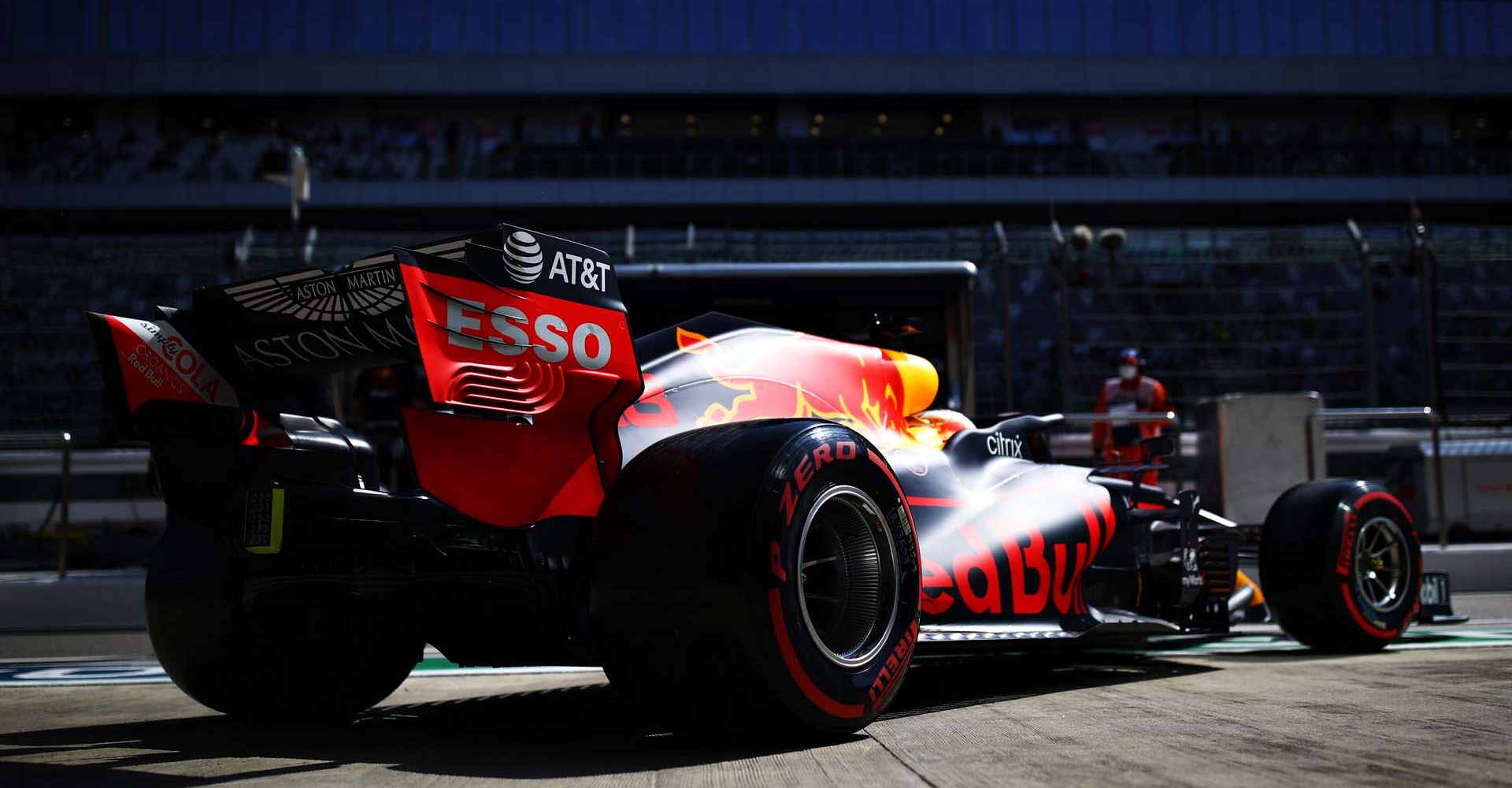 SOCHI, RUSSIA - SEPTEMBER 25: Max Verstappen of the Netherlands driving the (33) Aston Martin Red Bull Racing RB16 leaves the garage during practice ahead of the F1 Grand Prix of Russia at Sochi Autodrom on September 25, 2020 in Sochi, Russia. (Photo by Mark Thompson/Getty Images)