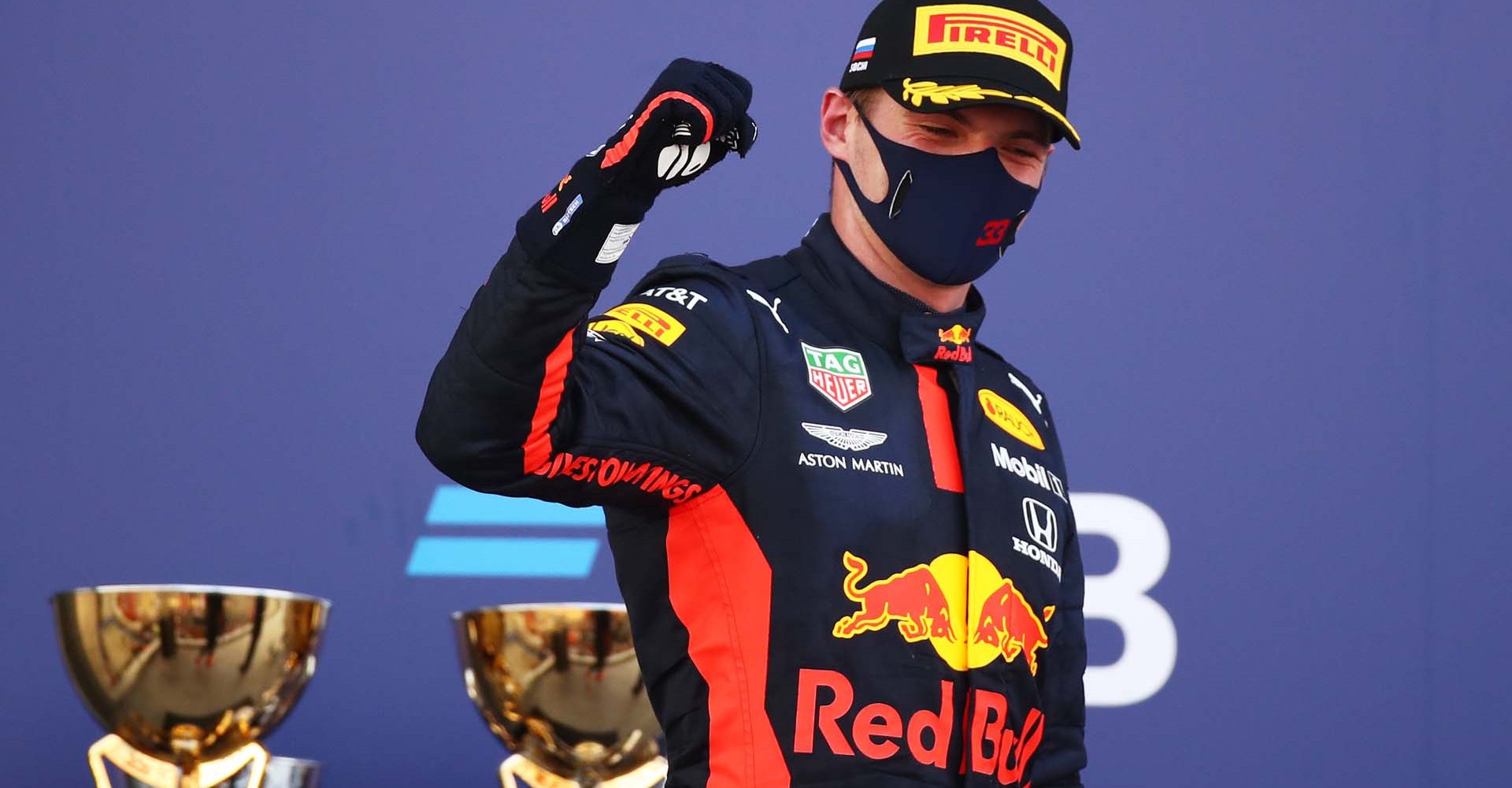 SOCHI, RUSSIA - SEPTEMBER 27: Second placed Max Verstappen of Netherlands and Red Bull Racing celebrates on the podium during the F1 Grand Prix of Russia at Sochi Autodrom on September 27, 2020 in Sochi, Russia. (Photo by Bryn Lennon/Getty Images)