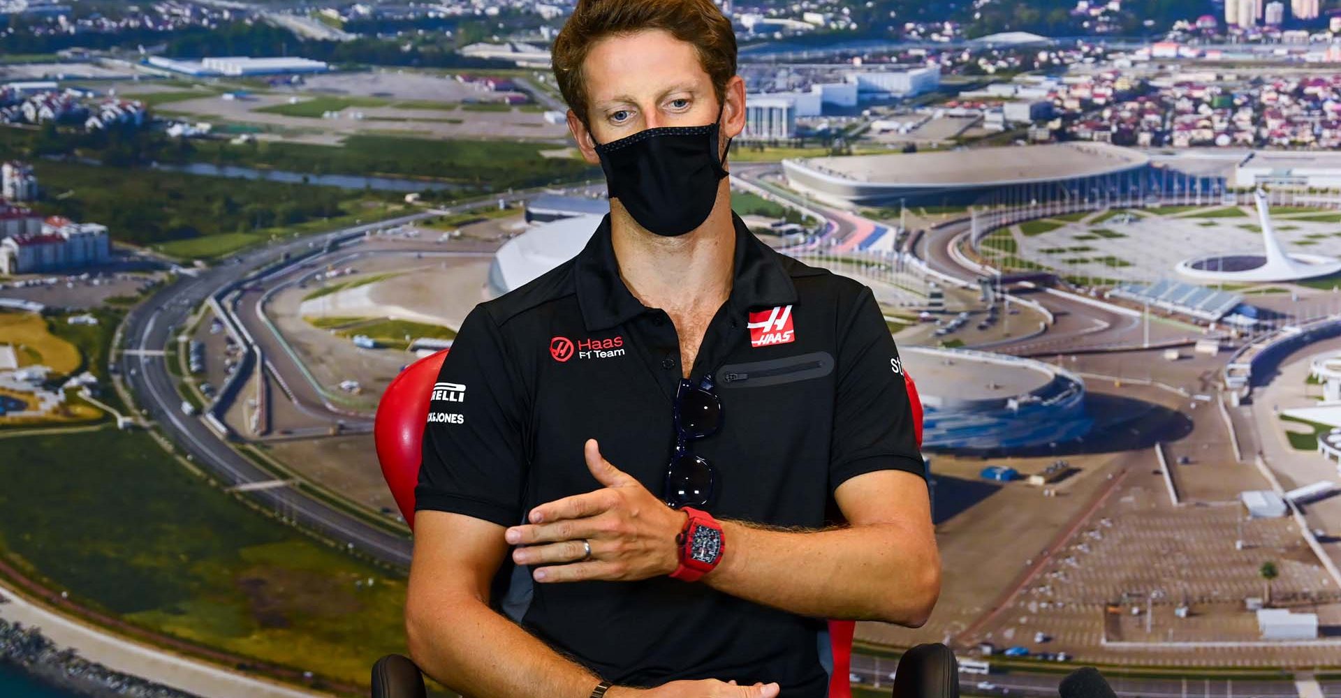 SOCHI AUTODROM, RUSSIAN FEDERATION - SEPTEMBER 24: Romain Grosjean, Haas F1, in the press conference during the Russian GP at Sochi Autodrom on Thursday September 24, 2020 in Sochi, Russian Federation. (Photo by Mark Sutton / Sutton Images)