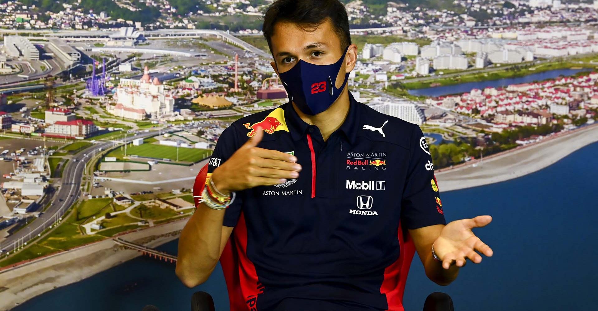 SOCHI, RUSSIA - SEPTEMBER 24: Alexander Albon of Thailand and Red Bull Racing talks in the Drivers Press Conference during previews ahead of the F1 Grand Prix of Russia at Sochi Autodrom on September 24, 2020 in Sochi, Russia. (Photo by Mark Sutton - Pool/Getty Images)