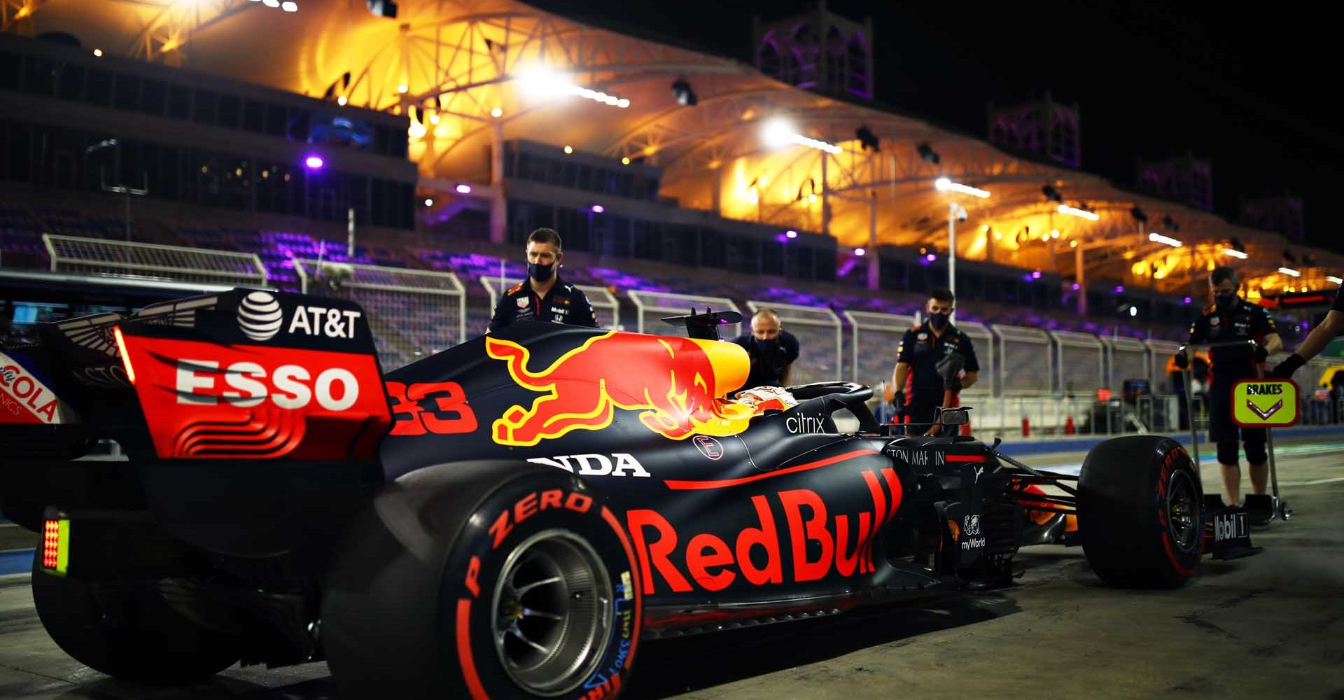 BAHRAIN, BAHRAIN - DECEMBER 05: Max Verstappen of the Netherlands driving the (33) Aston Martin Red Bull Racing RB16 stops in the Pitlane during qualifying ahead of the F1 Grand Prix of Sakhir at Bahrain International Circuit on December 05, 2020 in Bahrain, Bahrain. (Photo by Mark Thompson/Getty Images)