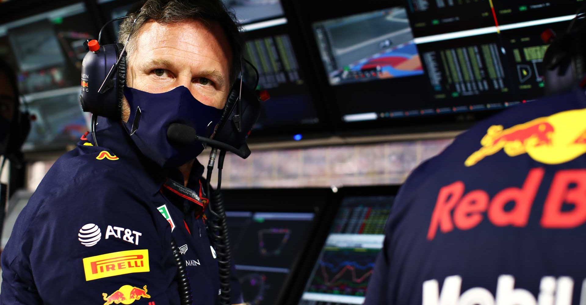 BAHRAIN, BAHRAIN - DECEMBER 05: Red Bull Racing Team Principal Christian Horner looks on from the pitwall during qualifying ahead of the F1 Grand Prix of Sakhir at Bahrain International Circuit on December 05, 2020 in Bahrain, Bahrain. (Photo by Mark Thompson/Getty Images)