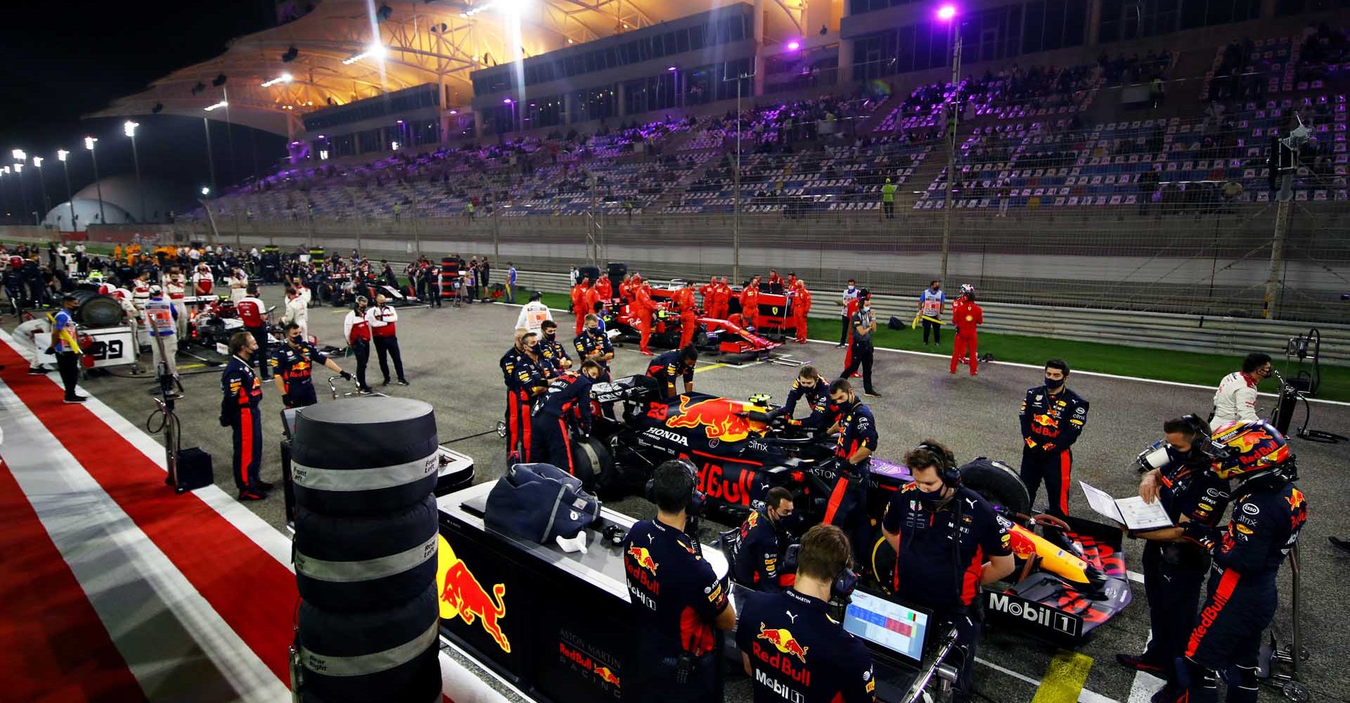 BAHRAIN, BAHRAIN - DECEMBER 06: A general view as Alexander Albon of Thailand and Red Bull Racing prepares to drive on the grid before the F1 Grand Prix of Sakhir at Bahrain International Circuit on December 06, 2020 in Bahrain, Bahrain. (Photo by Mark Thompson/Getty Images)